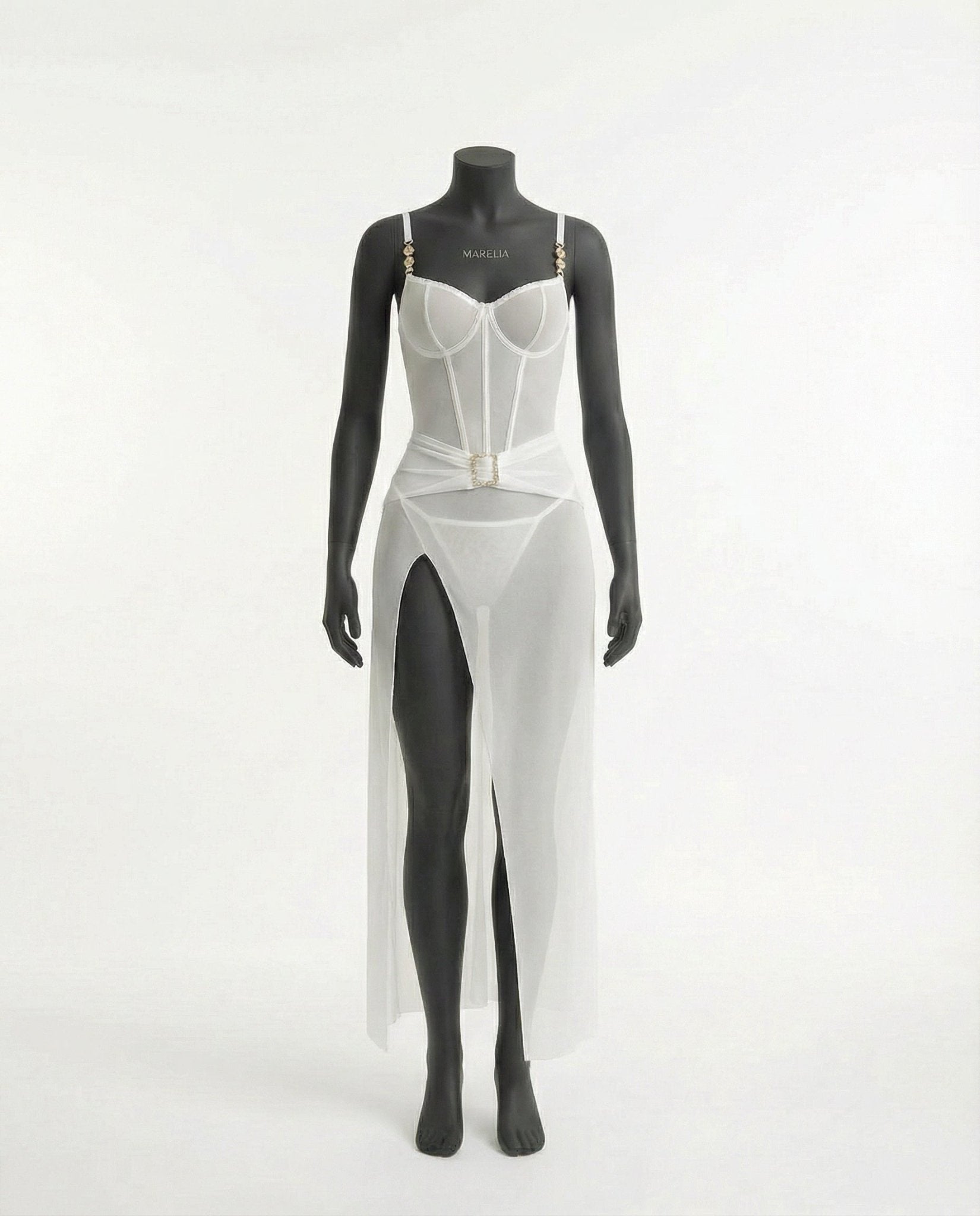 White Sheer Mesh Lingerie Dress And G-String Set - Marelia