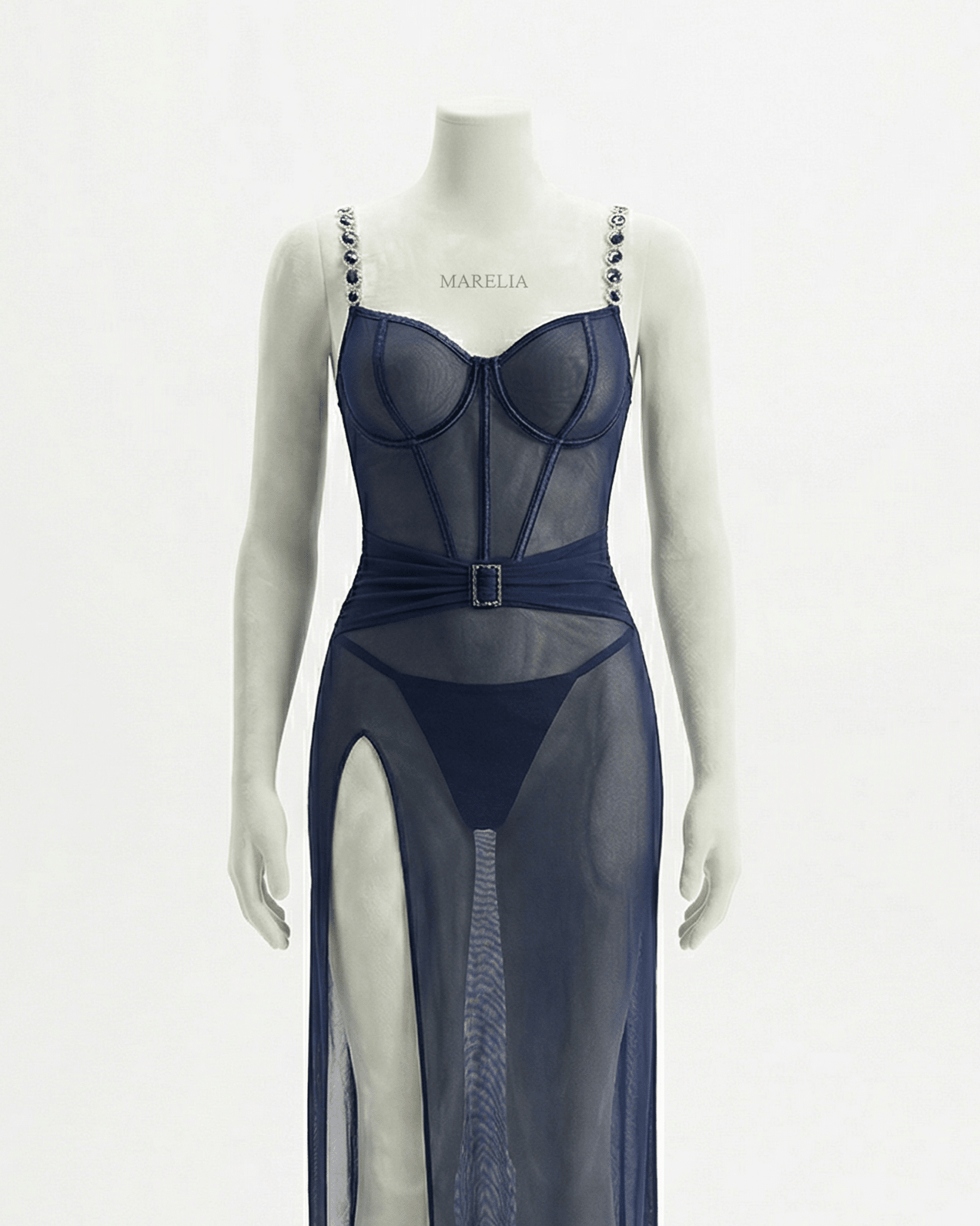 Navy Sheer Mesh Lingerie Dress And G-String Set - Marelia