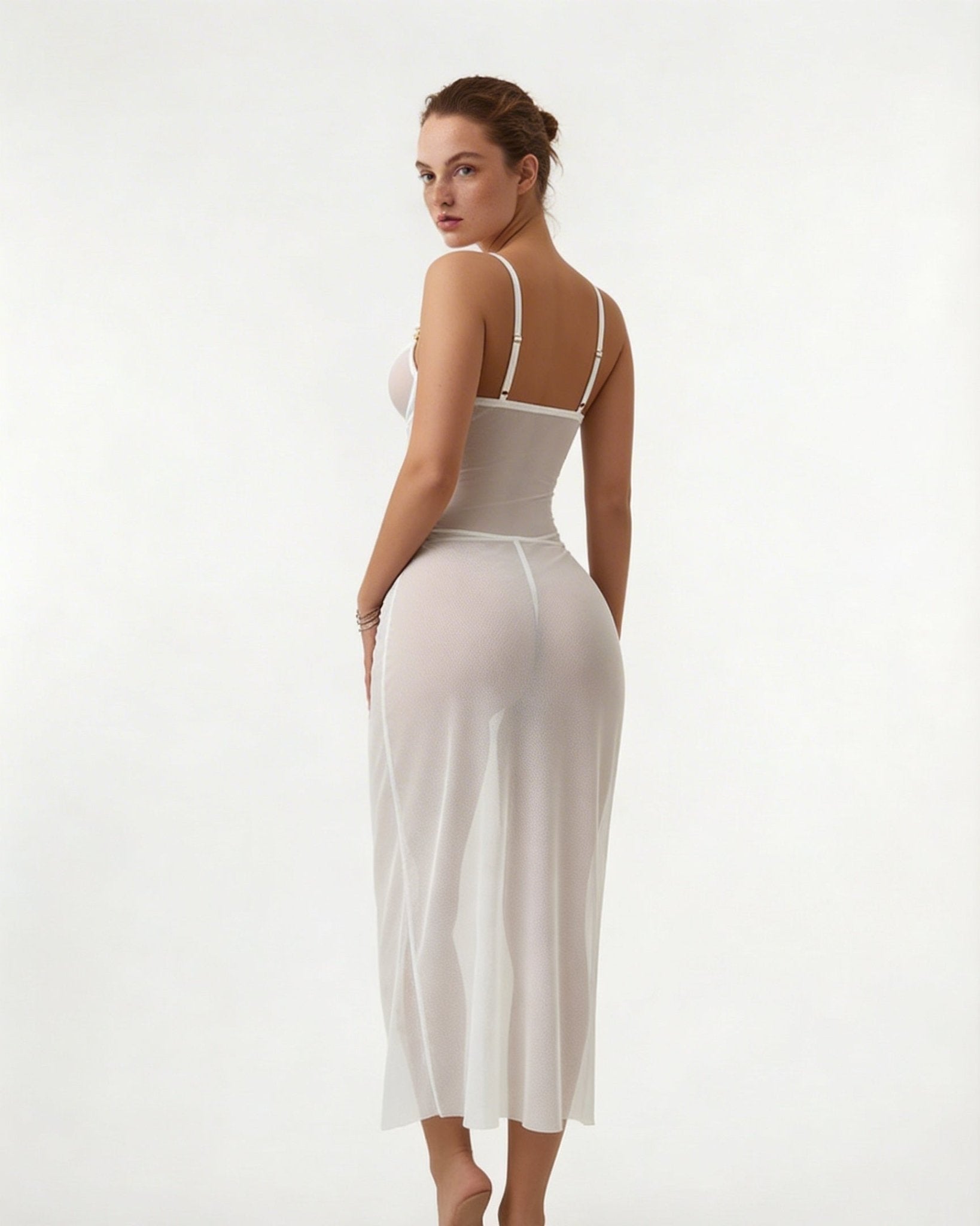 White Sheer Mesh Lingerie Dress And G-String Set - MARELIA