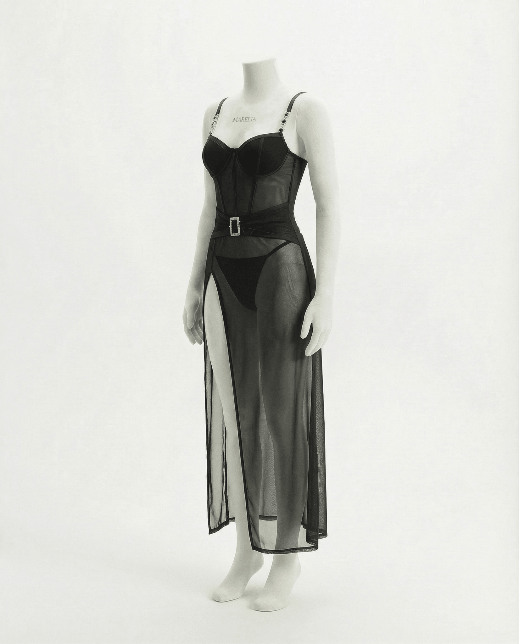Black Sheer Mesh Lingerie Dress And G-String Set - Marelia