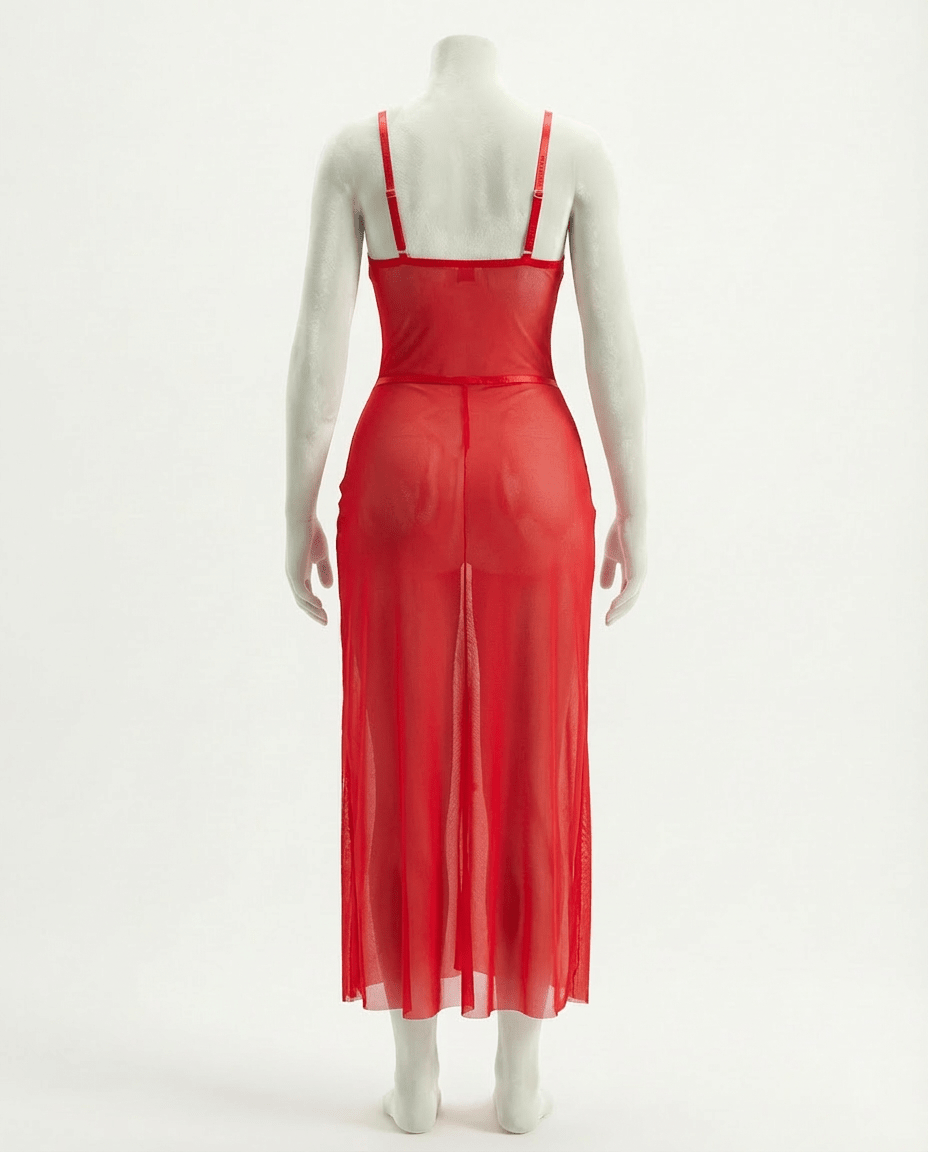 Red Sheer Mesh Lingerie Dress And G-String Set - Marelia