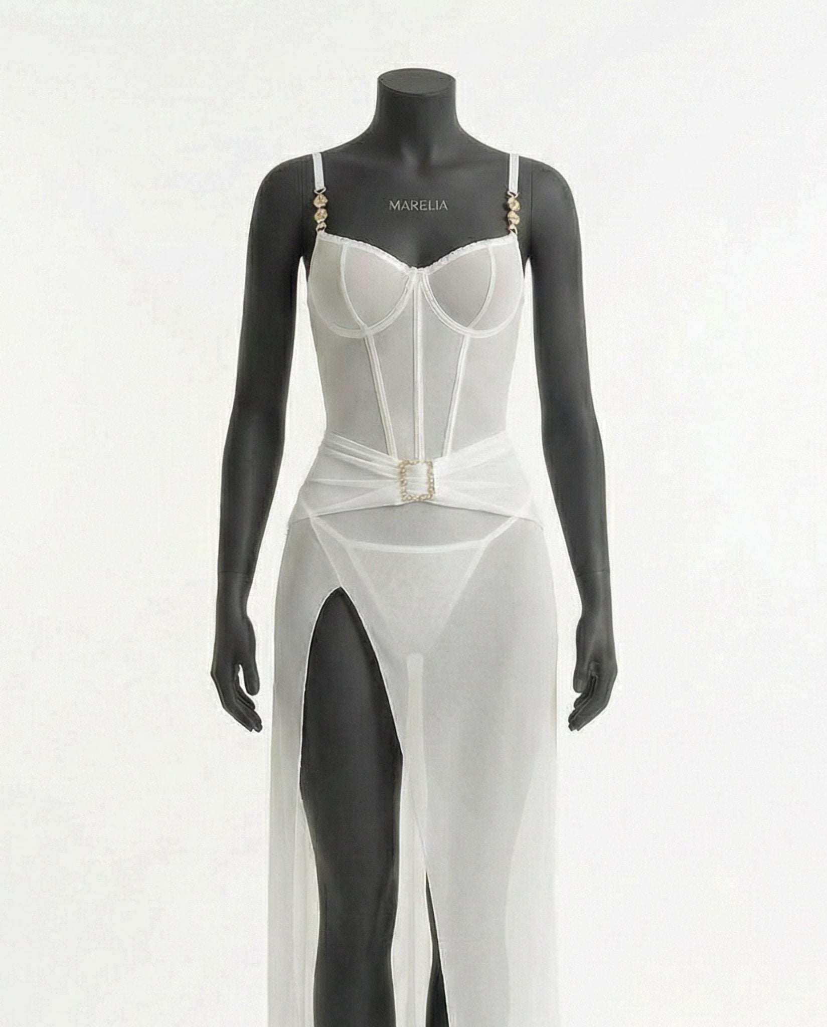 White Sheer Mesh Lingerie Dress And G-String Set - Marelia