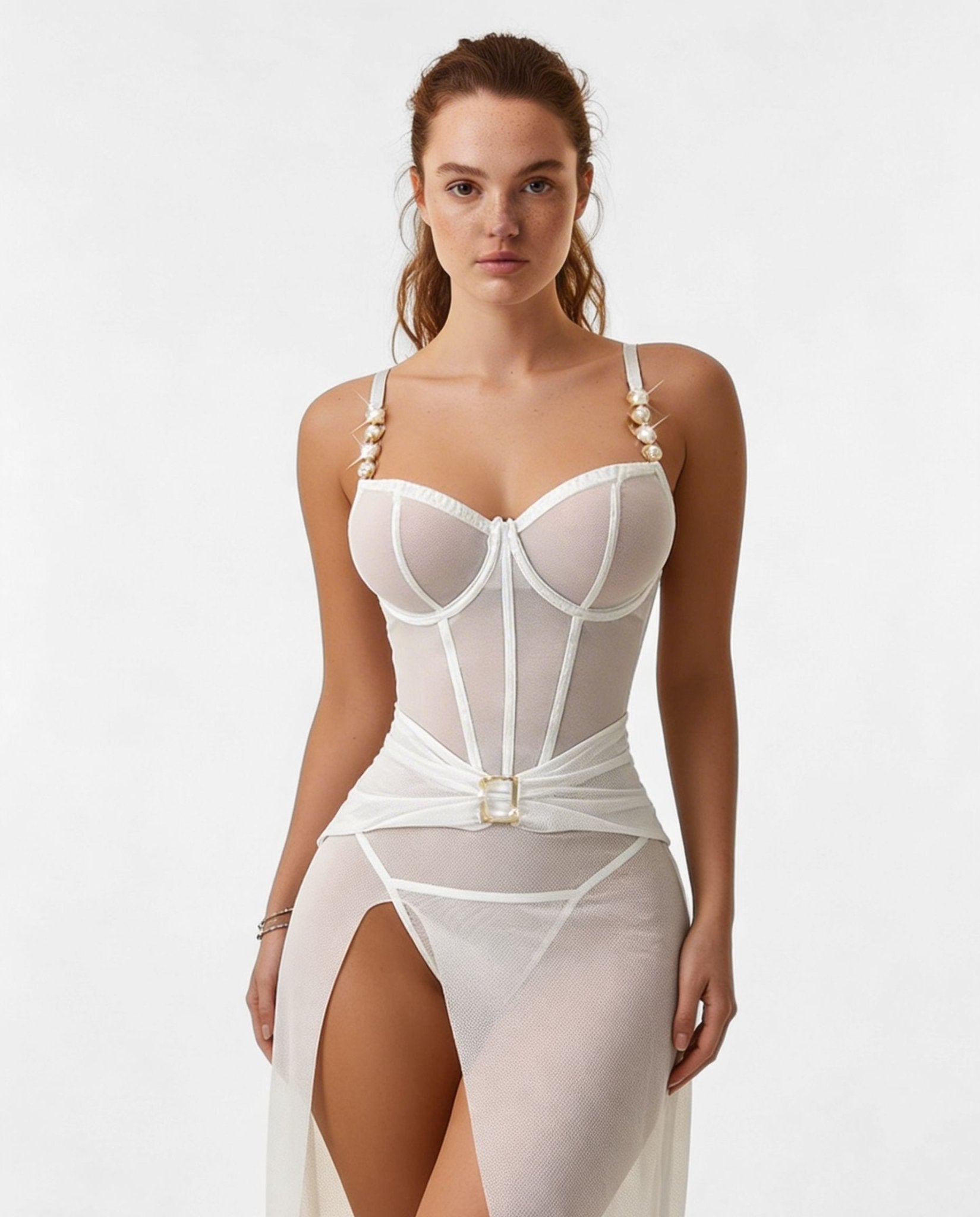 White Sheer Mesh Lingerie Dress And G-String Set - MARELIA