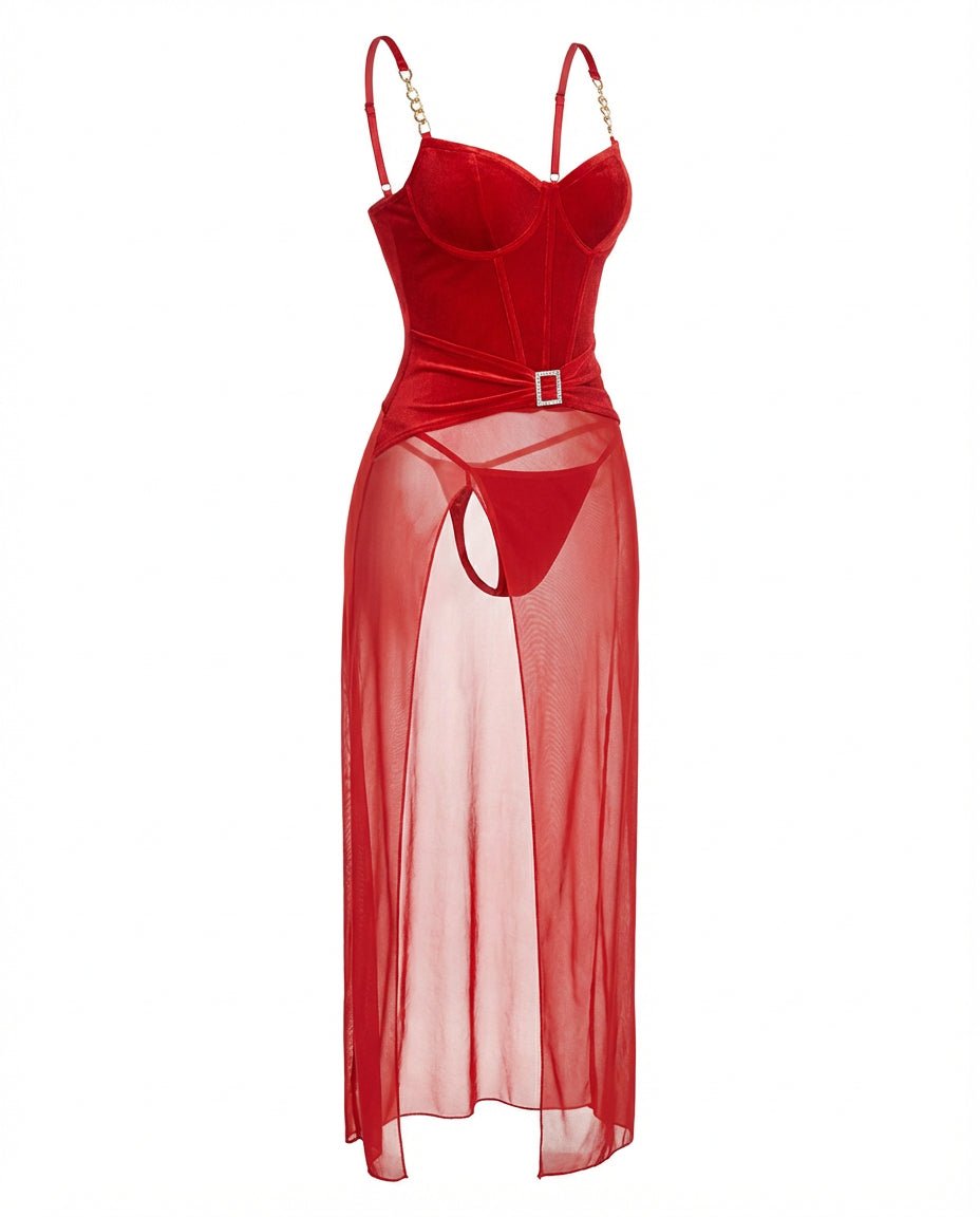 Red Sheer Mesh Lingerie Dress And G-String Set - Marelia