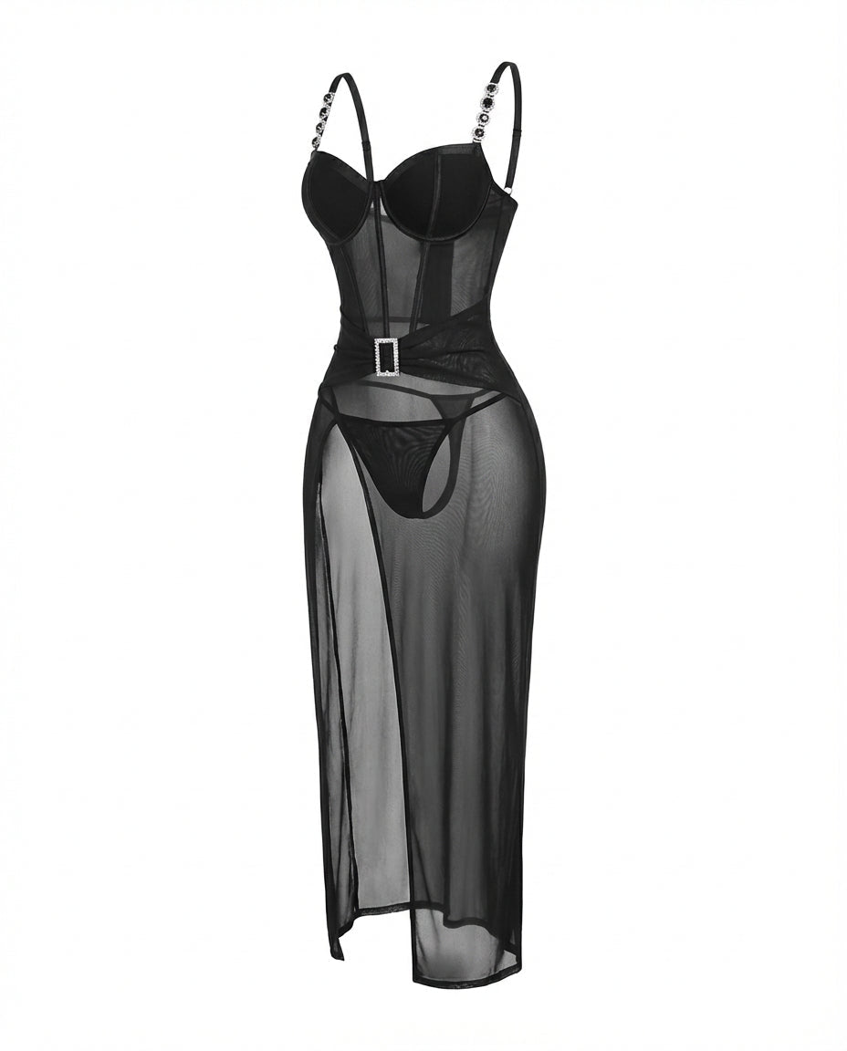 Black Sheer Mesh Lingerie Dress And G-String Set - Marelia