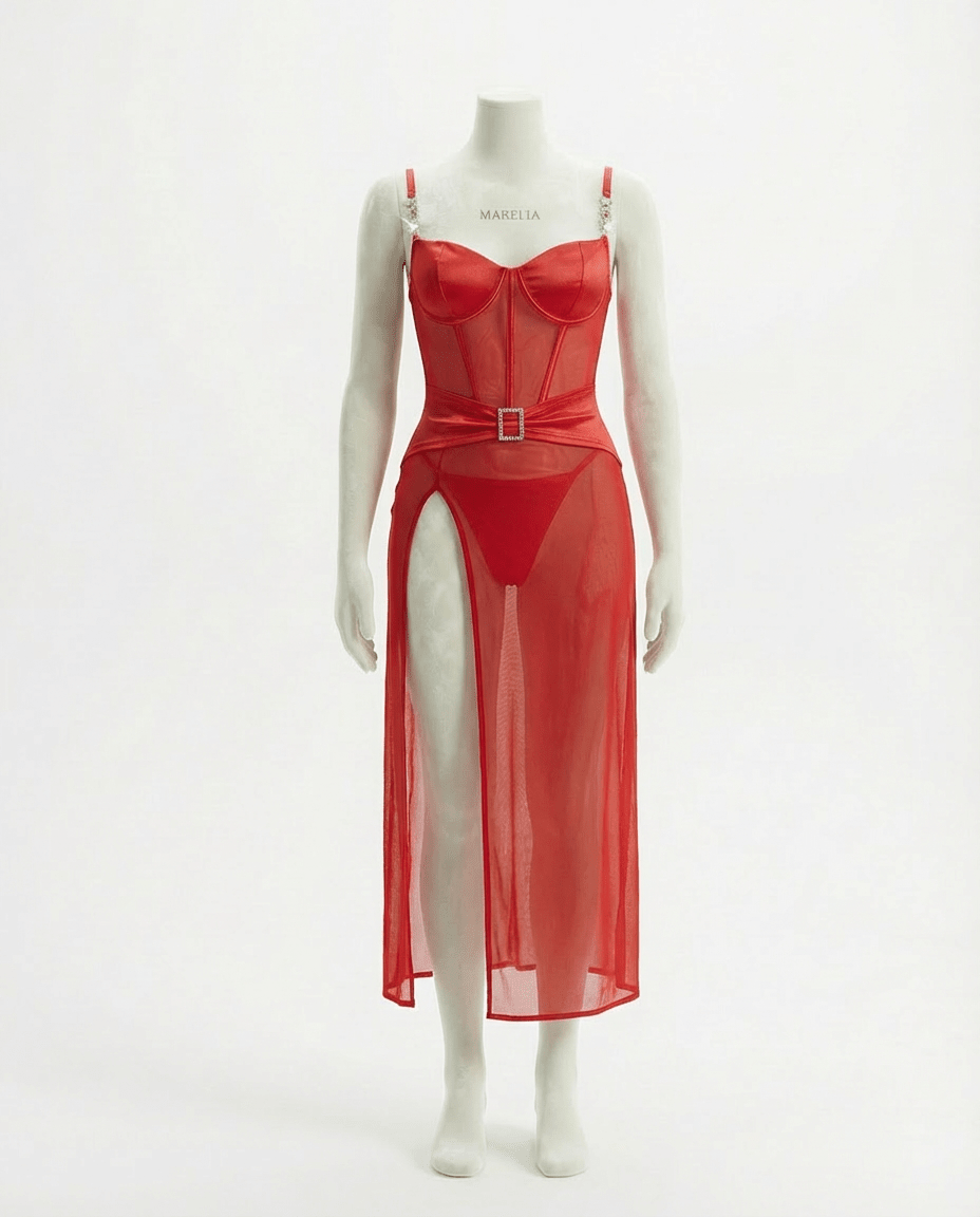 Red Sheer Mesh Lingerie Dress And G-String Set - Marelia