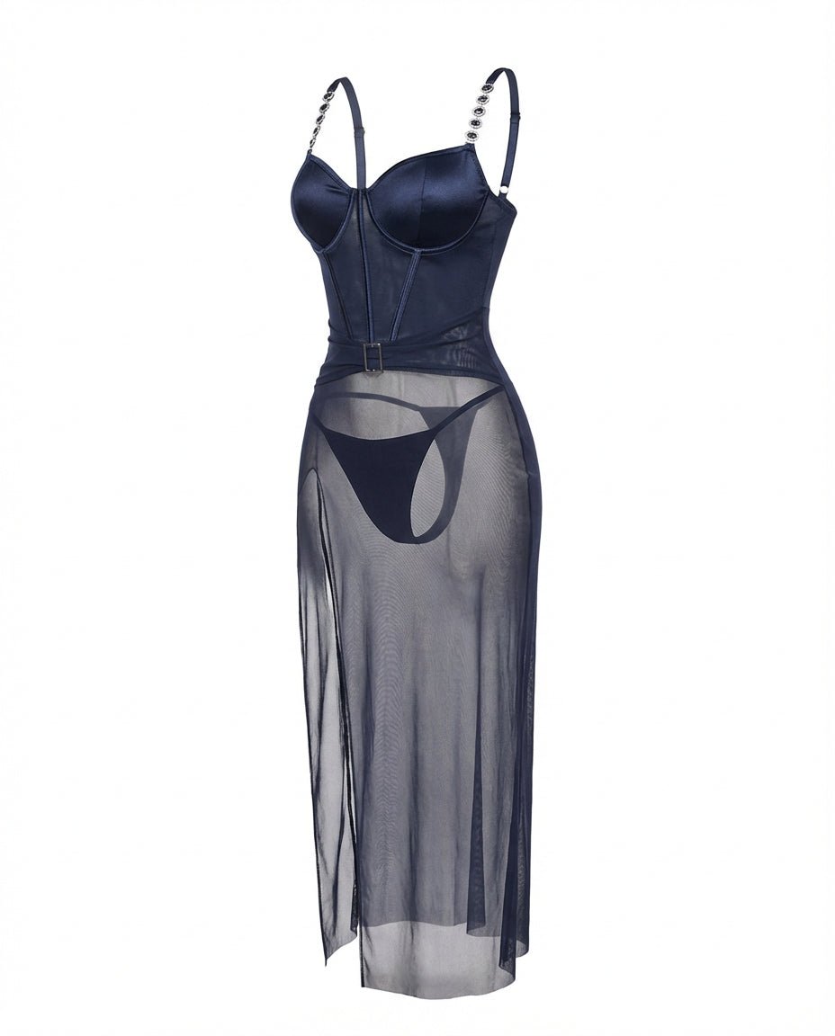 Navy Sheer Mesh Lingerie Dress And G-String Set - Marelia
