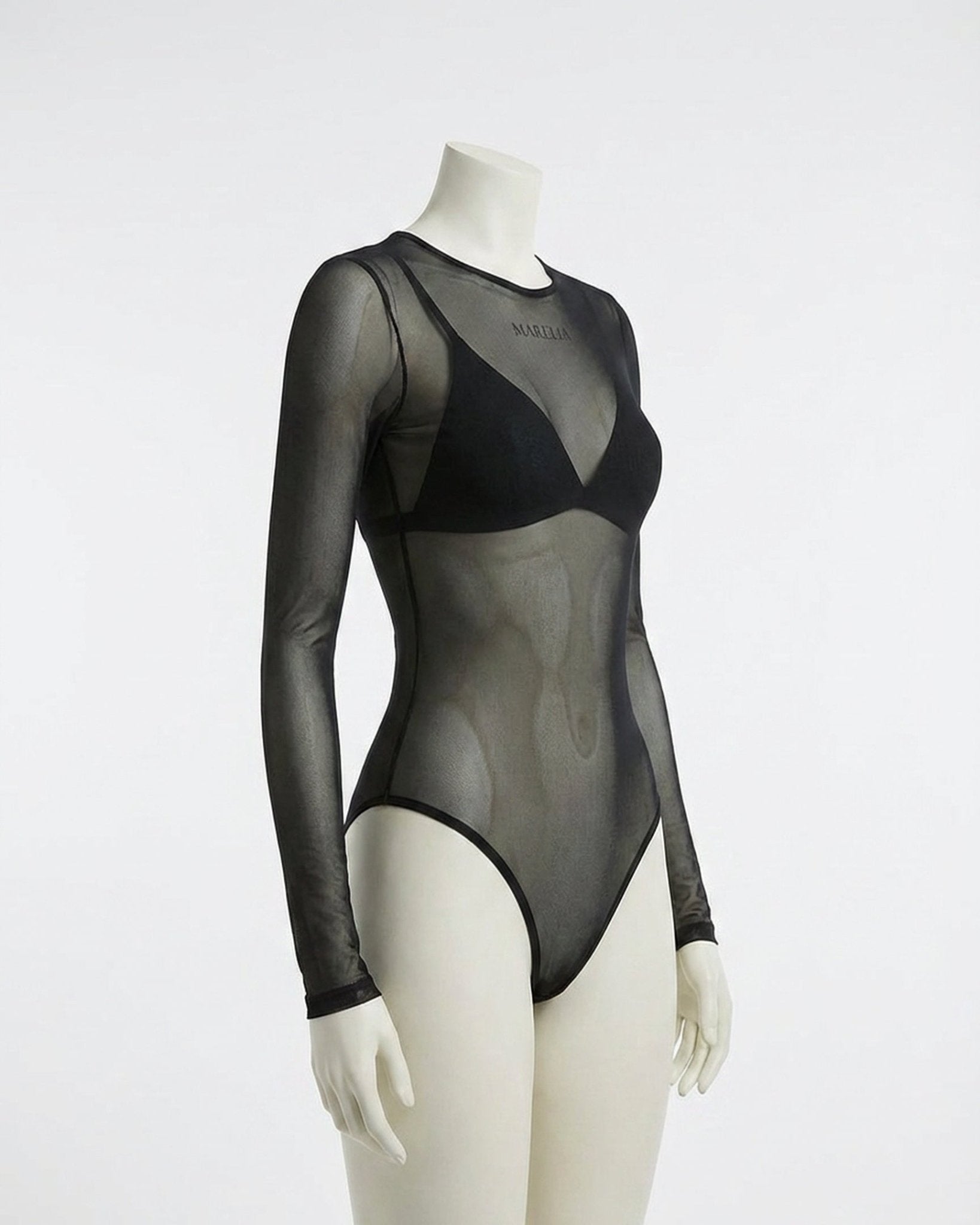 Black Sheer Mesh Long Sleeve Bodysuit - MARELIA