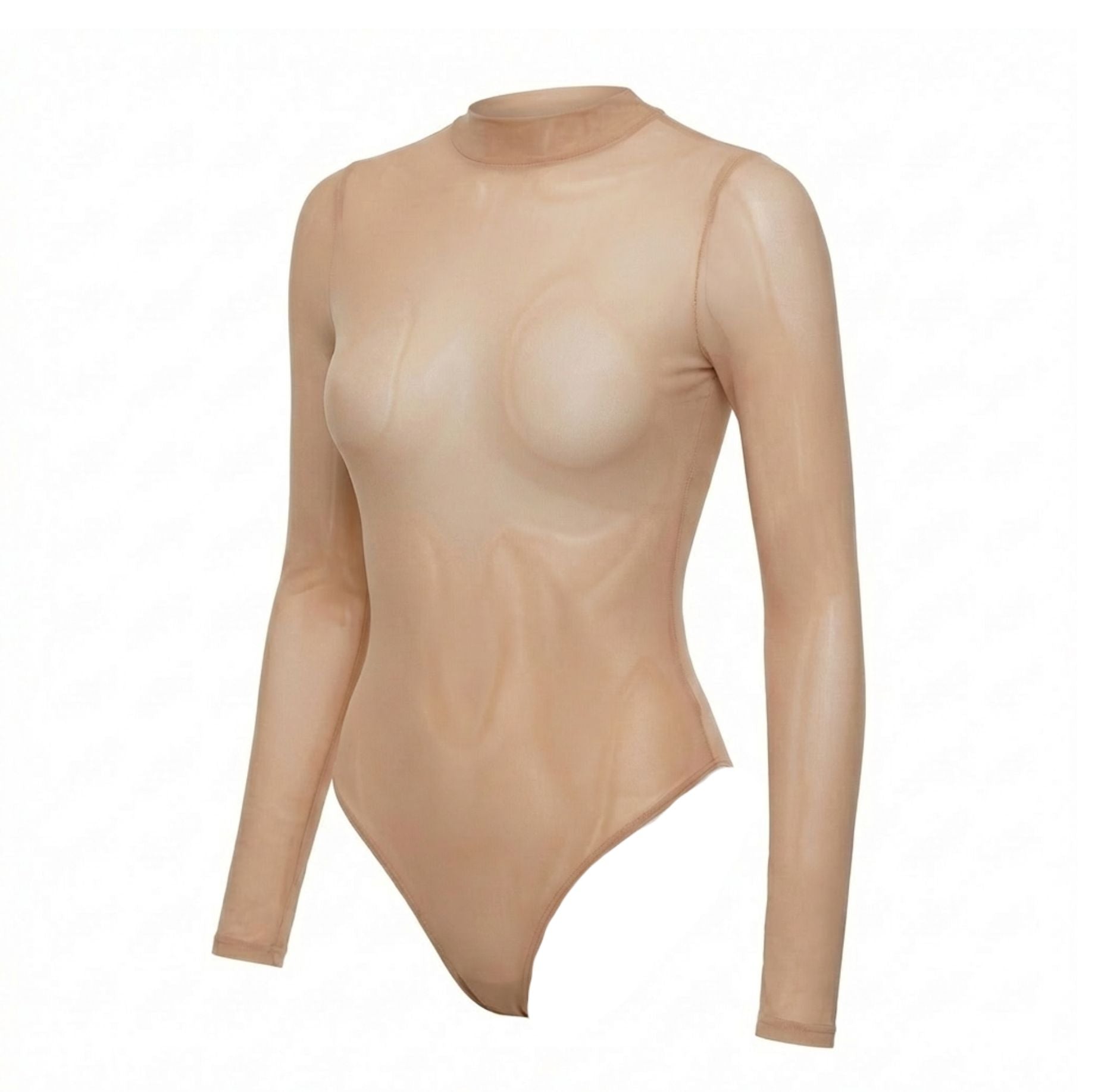 Beige Sheer Mesh Long Sleeve Bodysuit - MARELIA