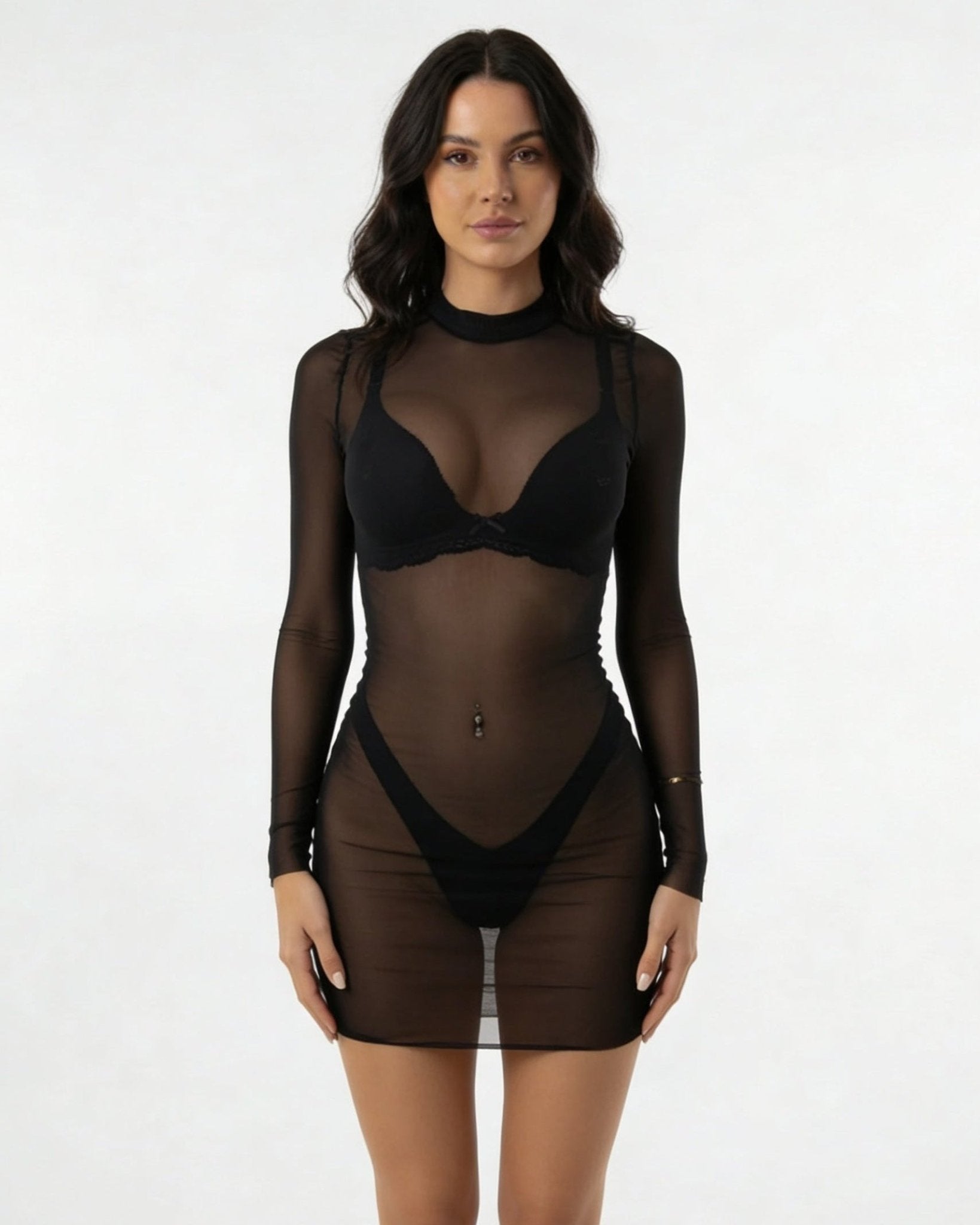 Black Sheer Mesh Long Sleeve Mini Dress - MARELIA