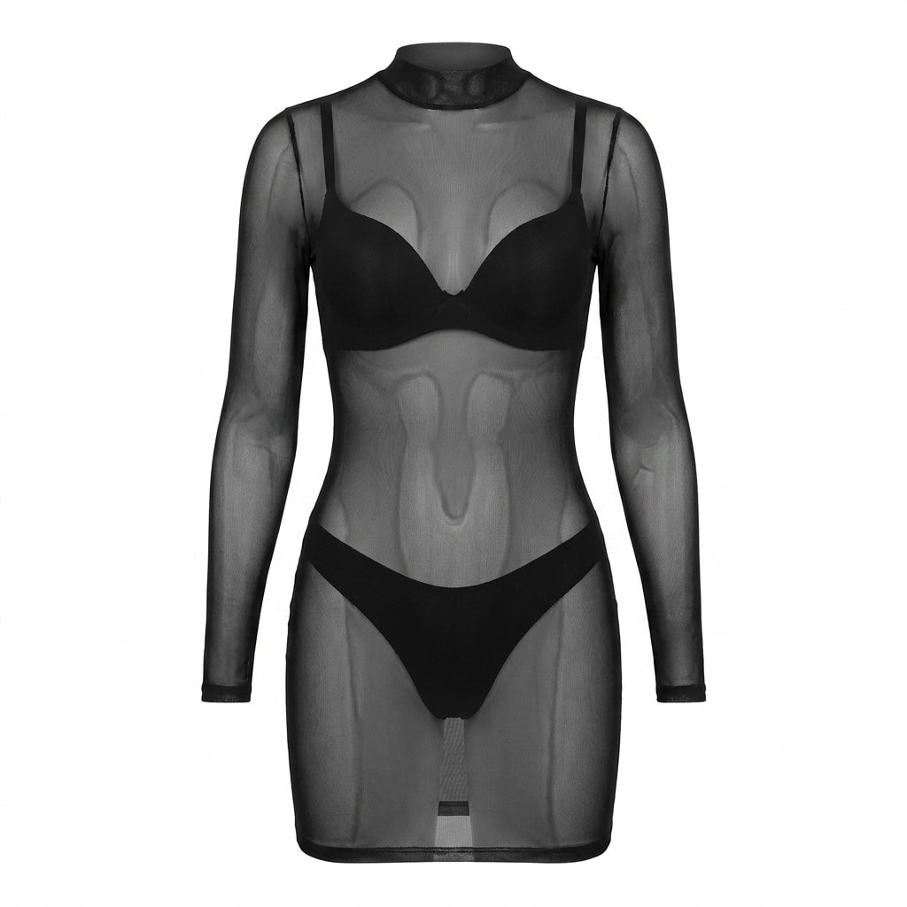 Black Sheer Mesh Long Sleeve Mini Dress - MARELIA