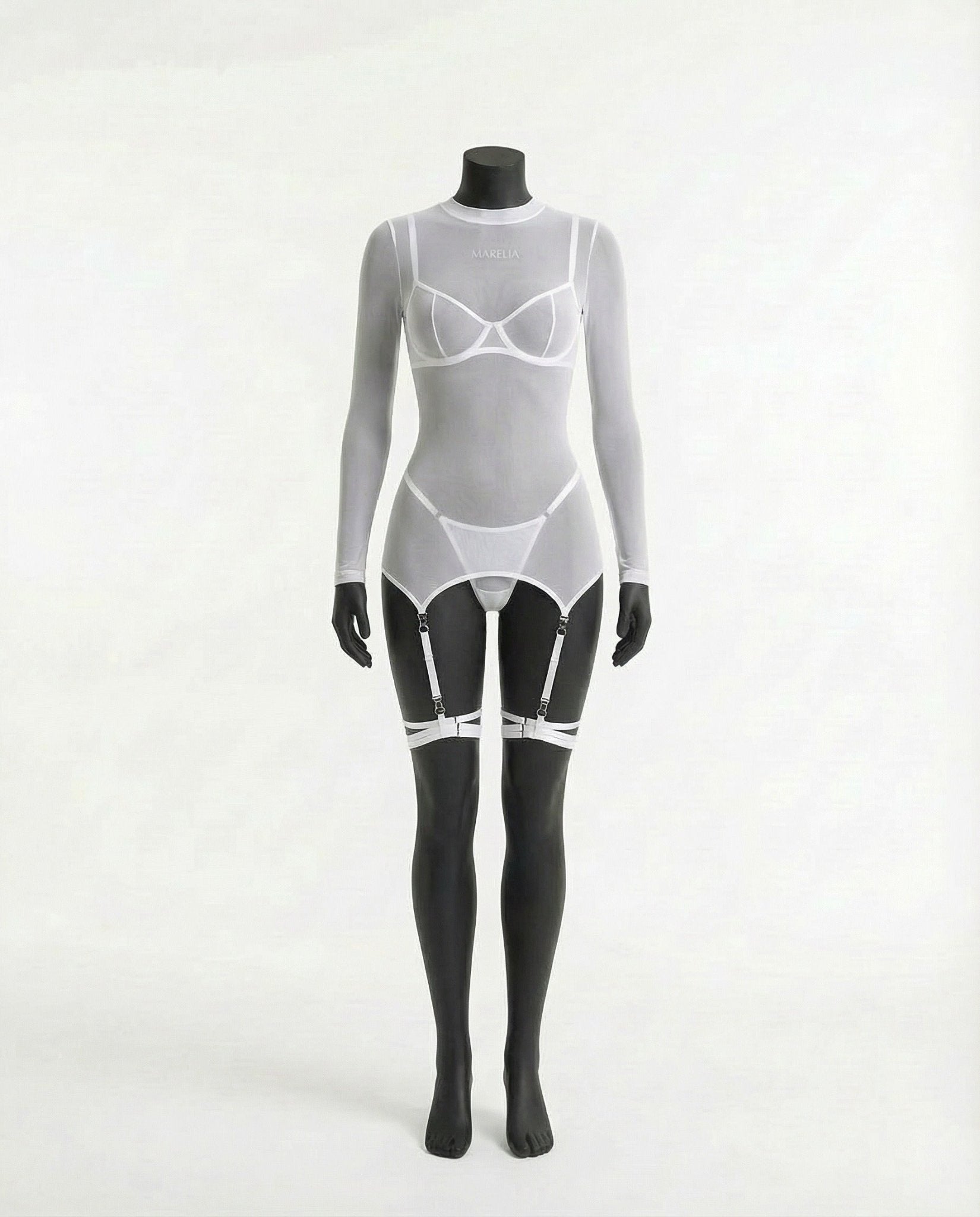 White sheer mesh long sleeve lingerie set full front view on mannequin - Marelia