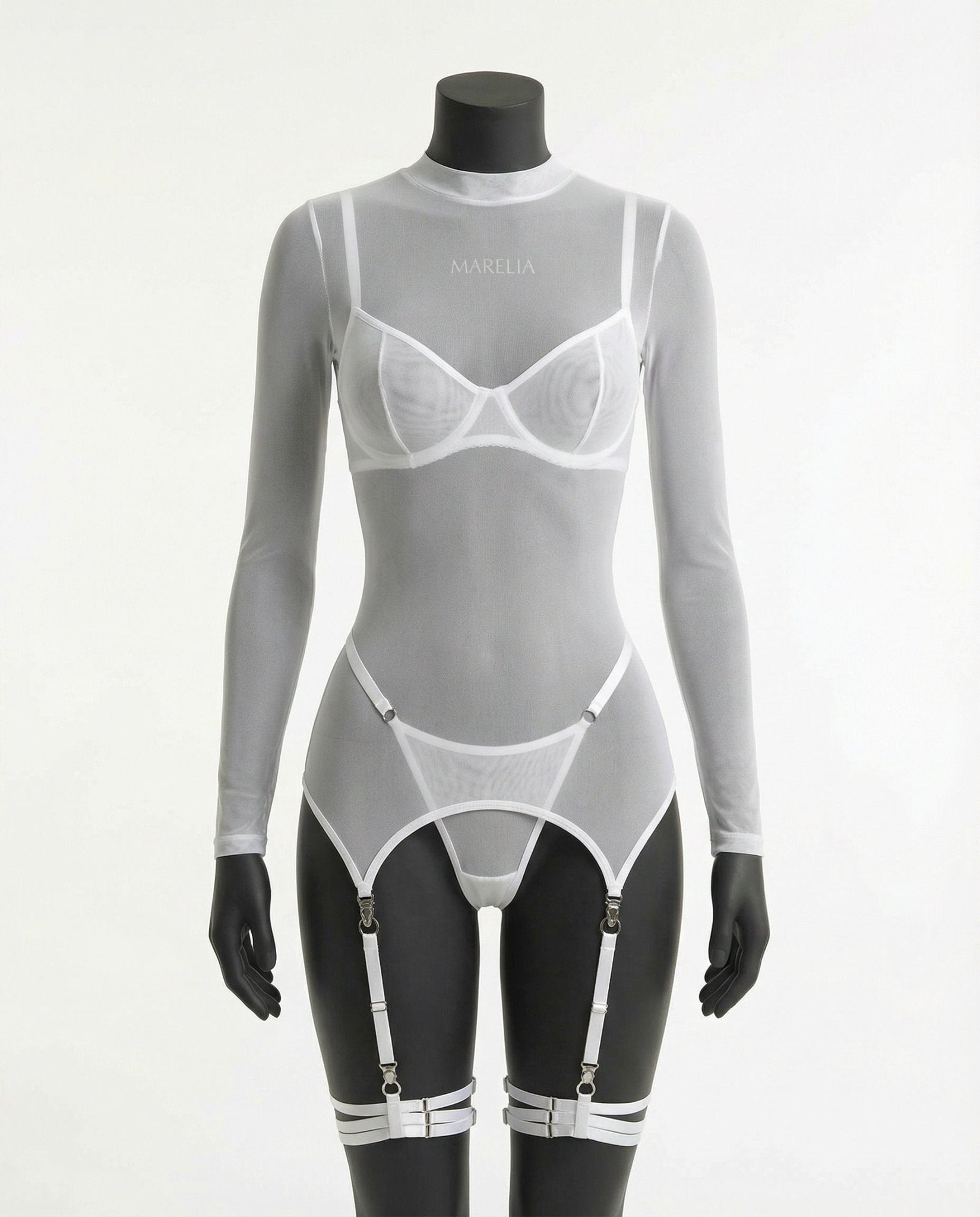 White sheer mesh long sleeve lingerie set front close-up with thigh garters - Marelia