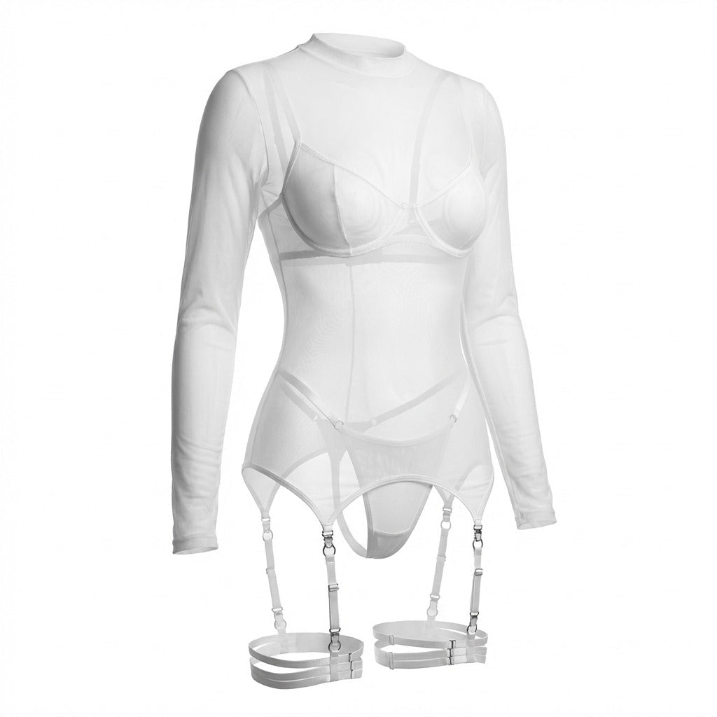 White mesh lingerie set ghost mannequin front view showing layered construction - Marelia