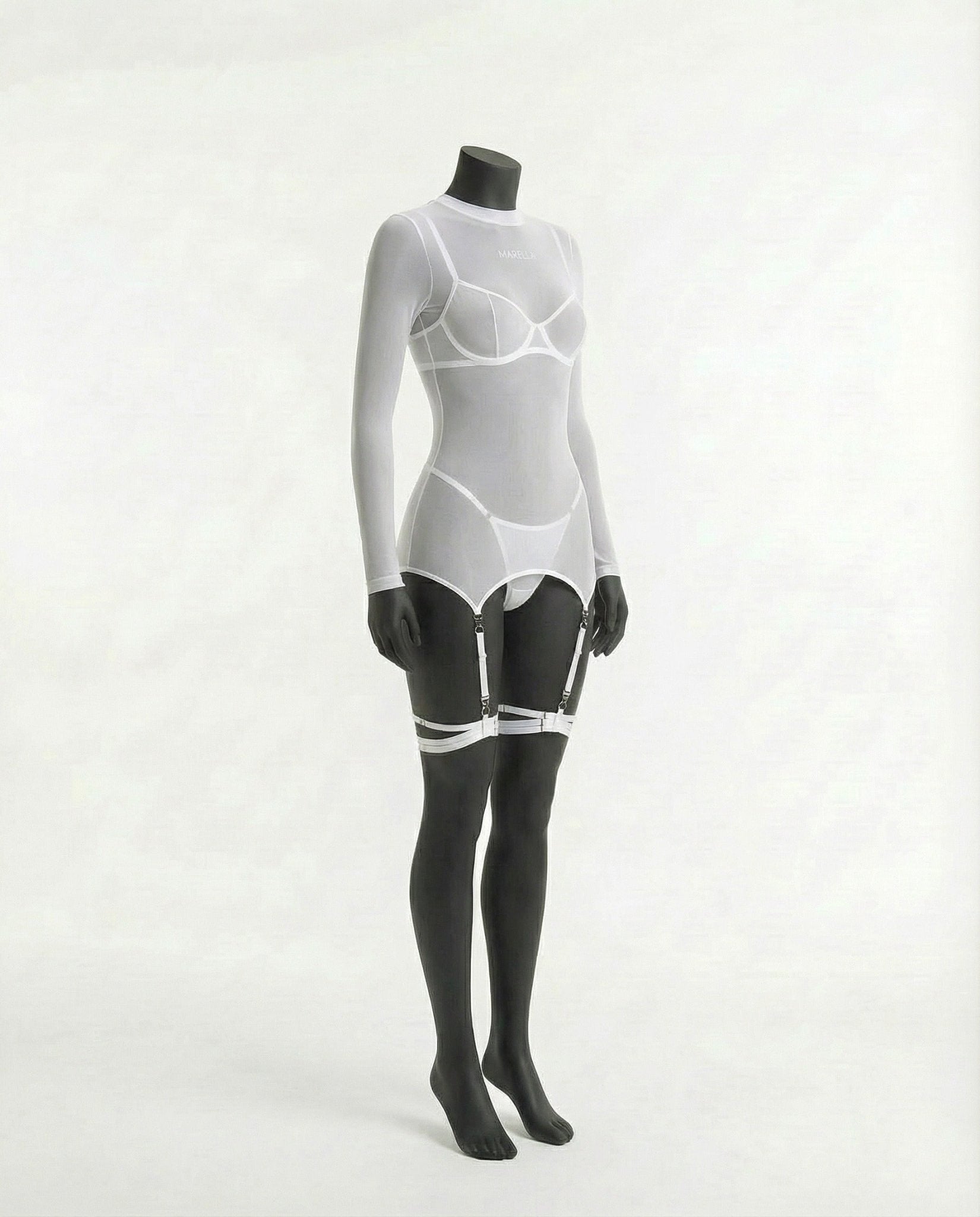 White mesh lingerie set three-quarter angle view with thigh harness garters - Marelia