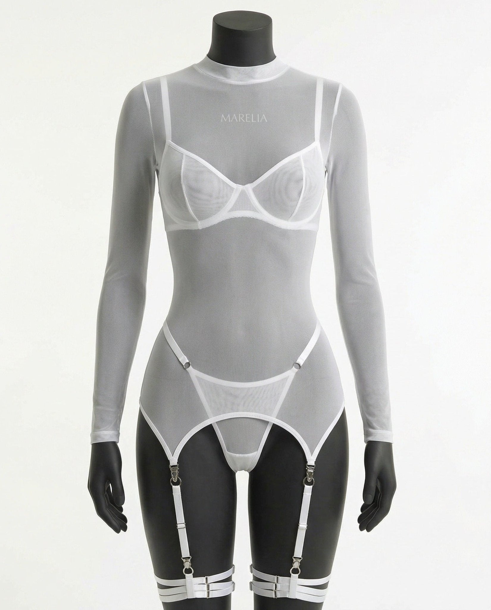 White sheer mesh bra and dress set front torso close-up showing underwire detail - Marelia
