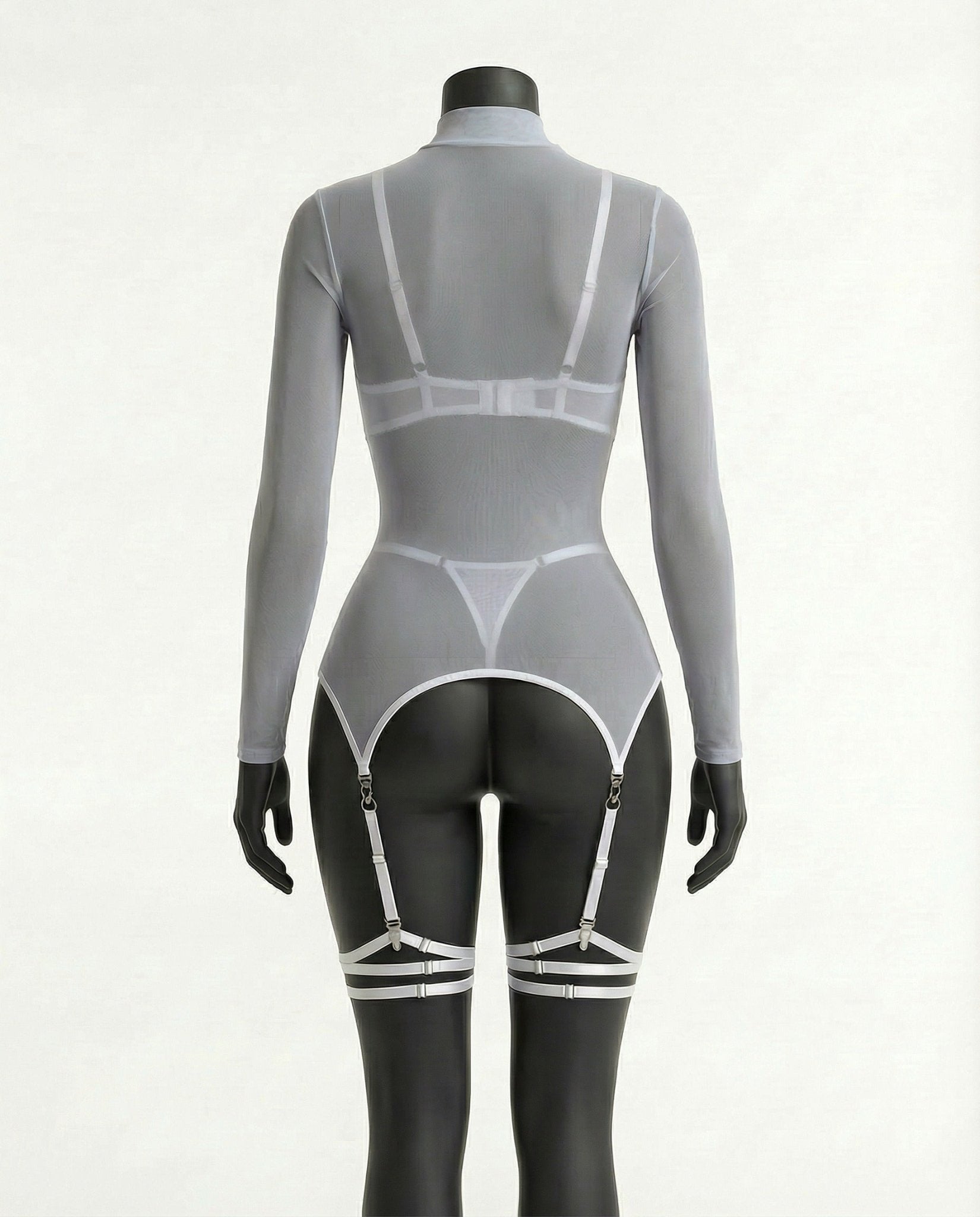 White sheer mesh three piece lingerie set with architectural seaming detail - Marelia