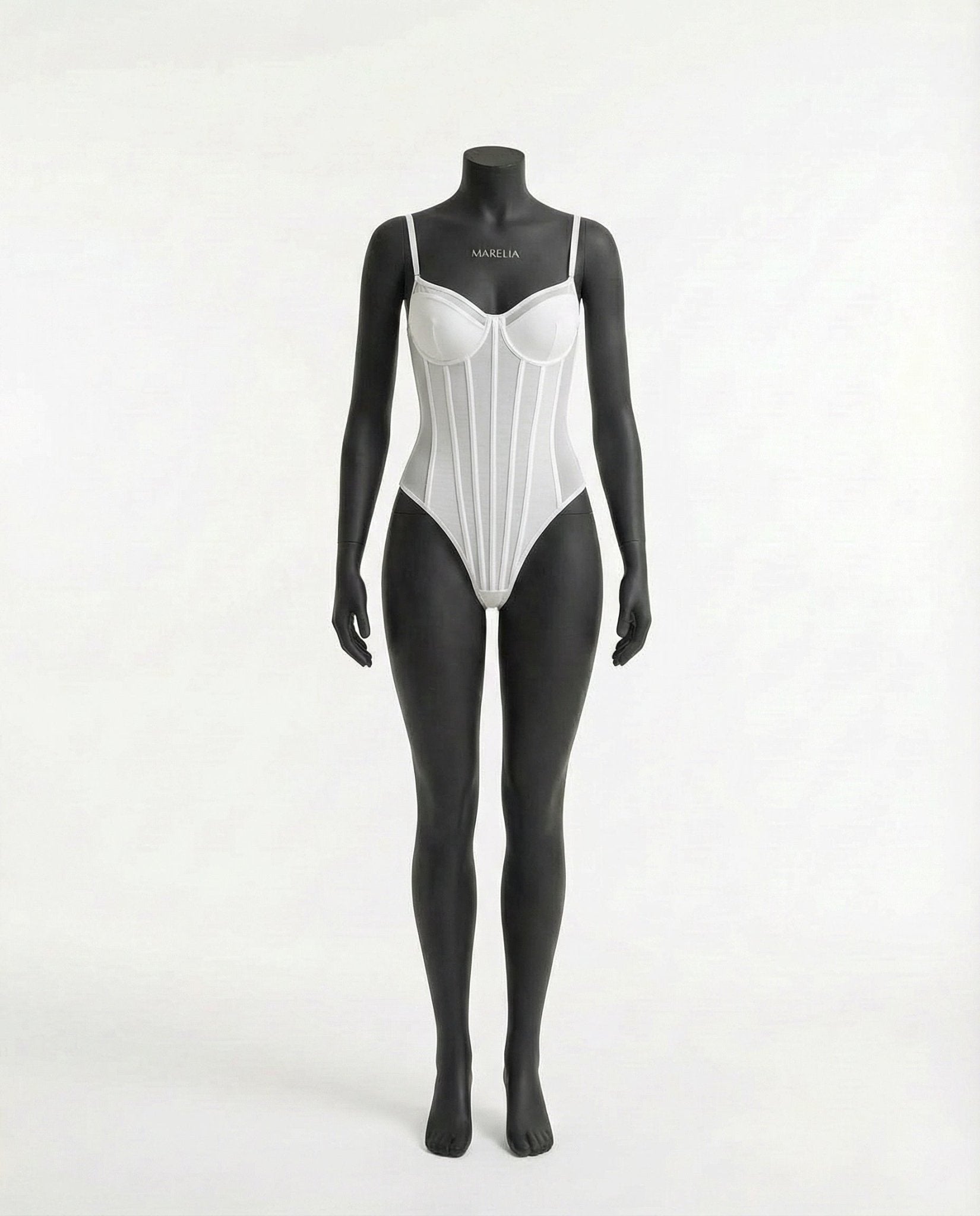 White Sheer Mesh Seamed Underwire Bodysuit - MARELIA
