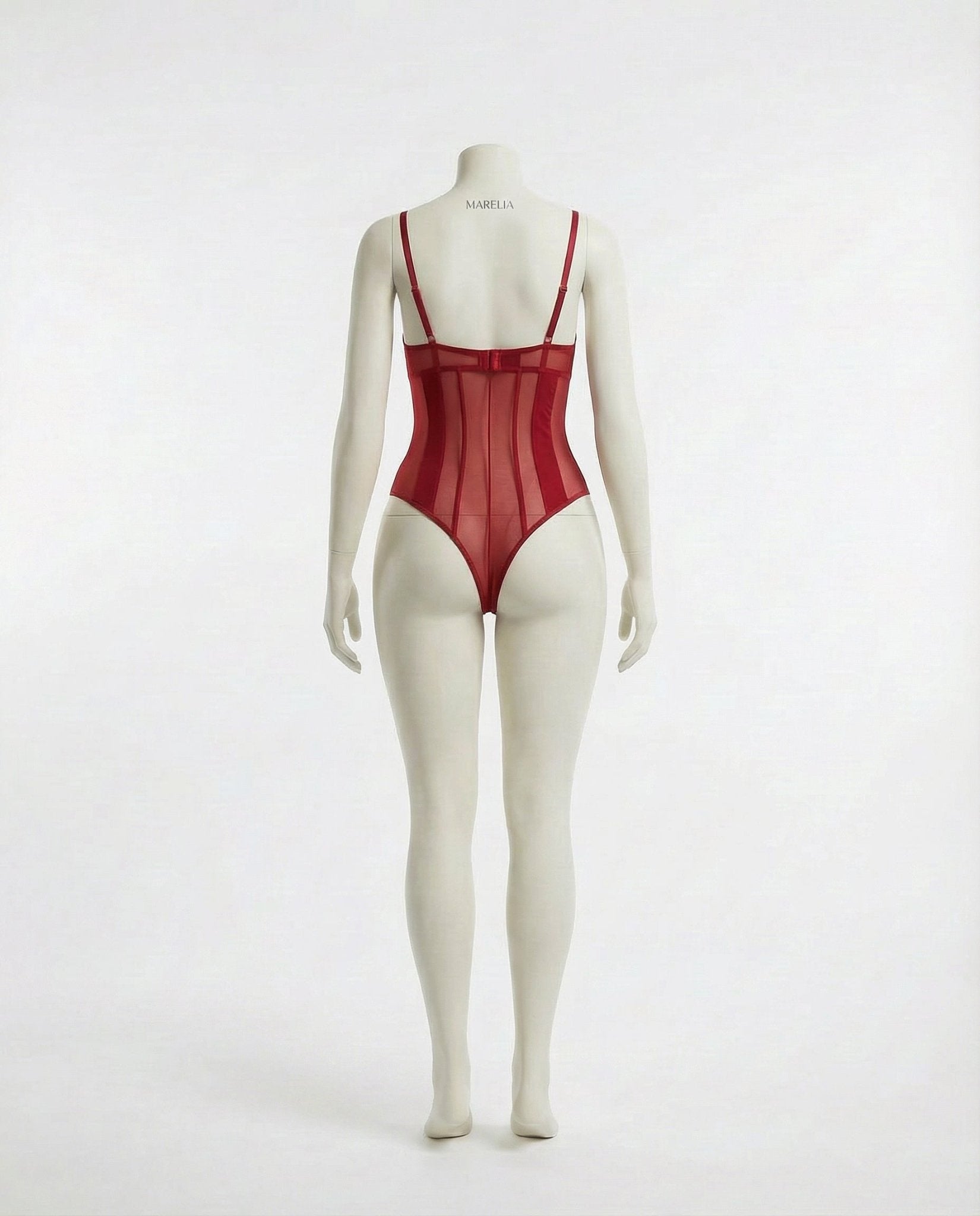 Red Sheer Mesh Seamed Underwire Bodysuit - MARELIA