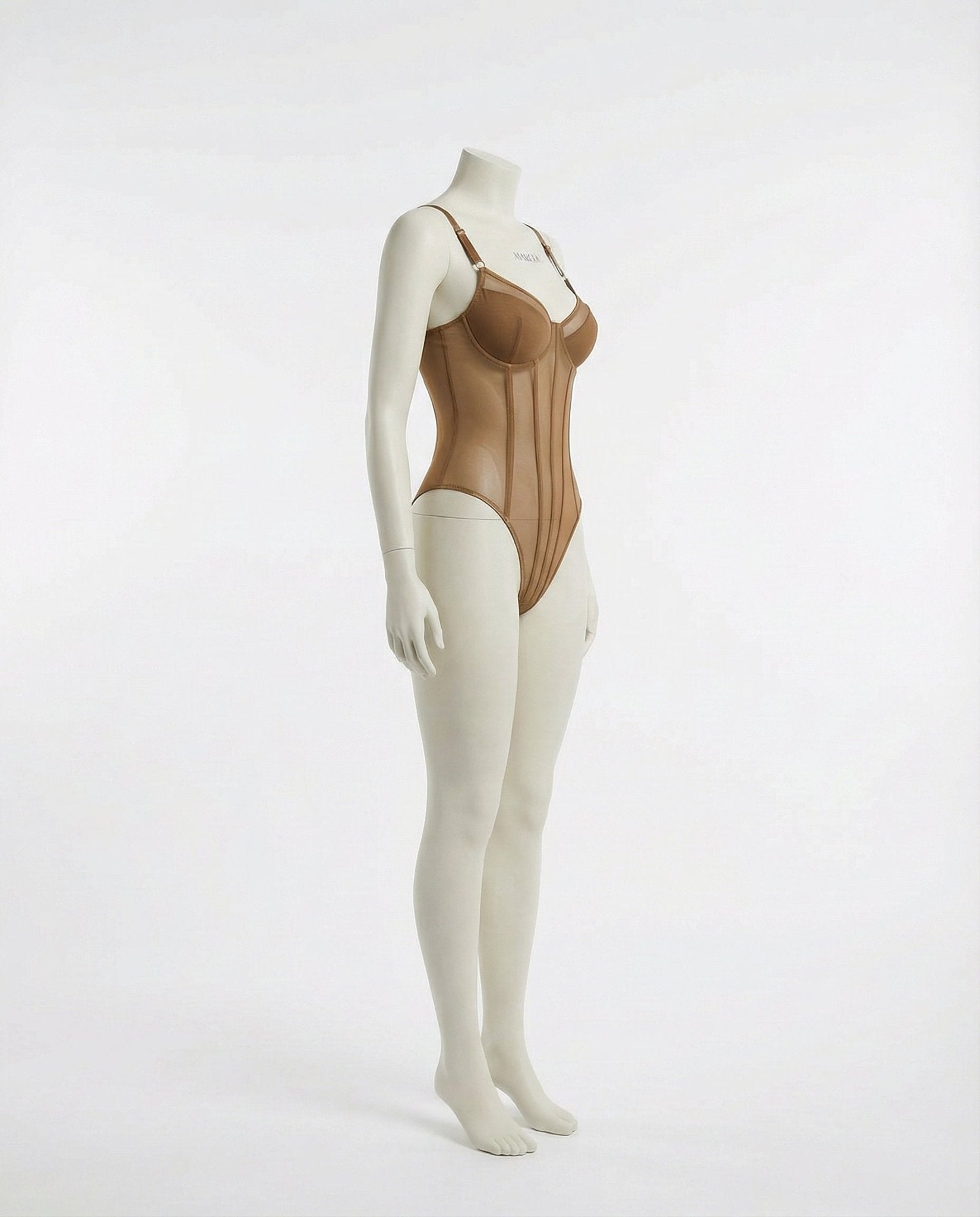 Brown Sheer Mesh Seamed Underwire Bodysuit - MARELIA