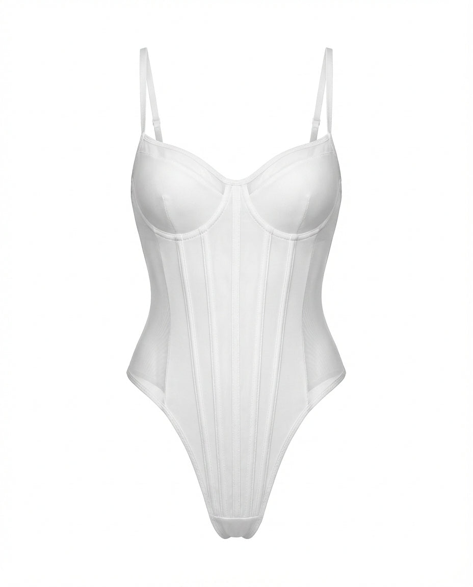 White Sheer Mesh Seamed Underwire Bodysuit - MARELIA