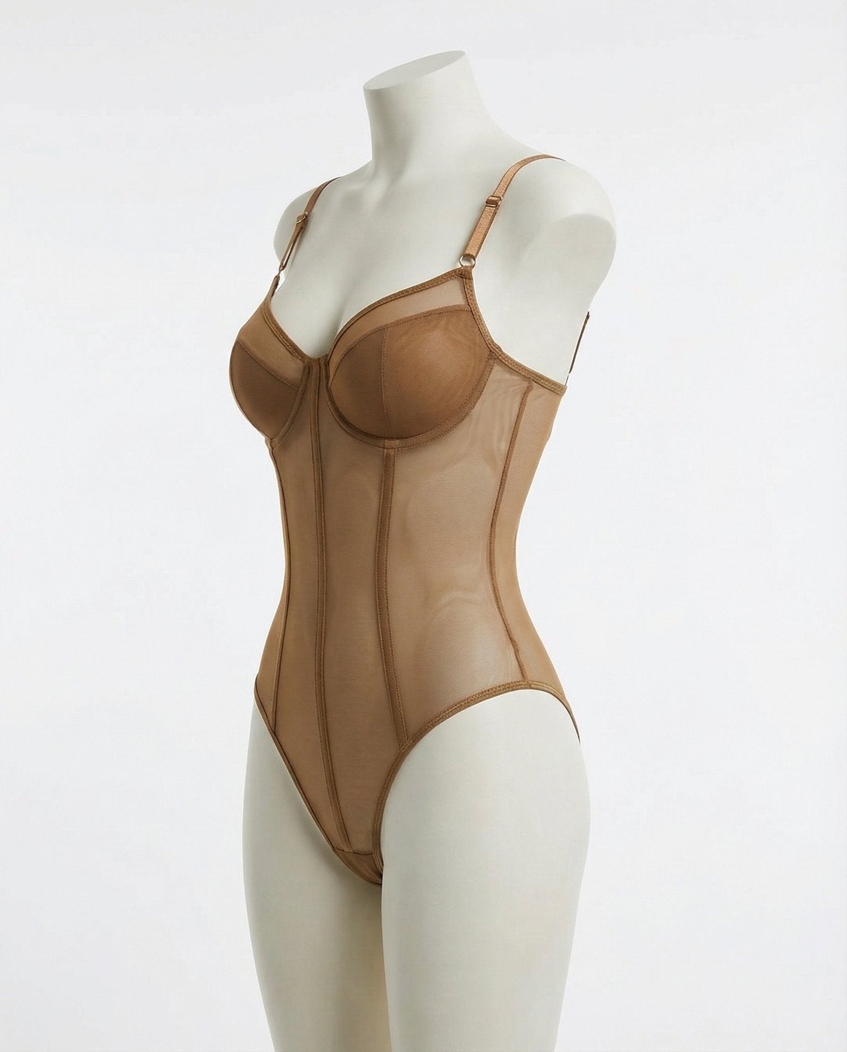 Brown Sheer Mesh Seamed Underwire Bodysuit - MARELIA