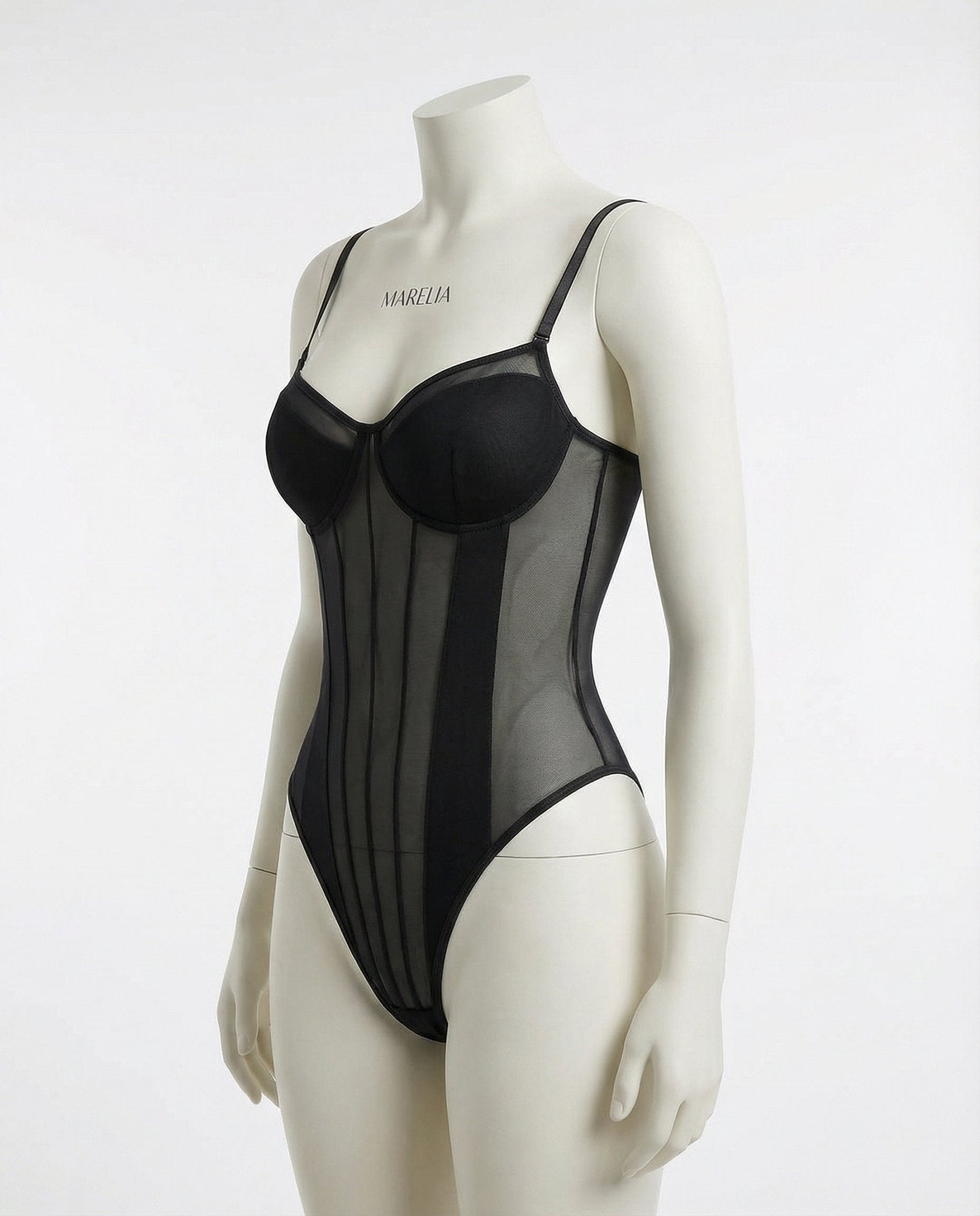 Black Sheer Mesh Seamed Underwire Bodysuit - MARELIA