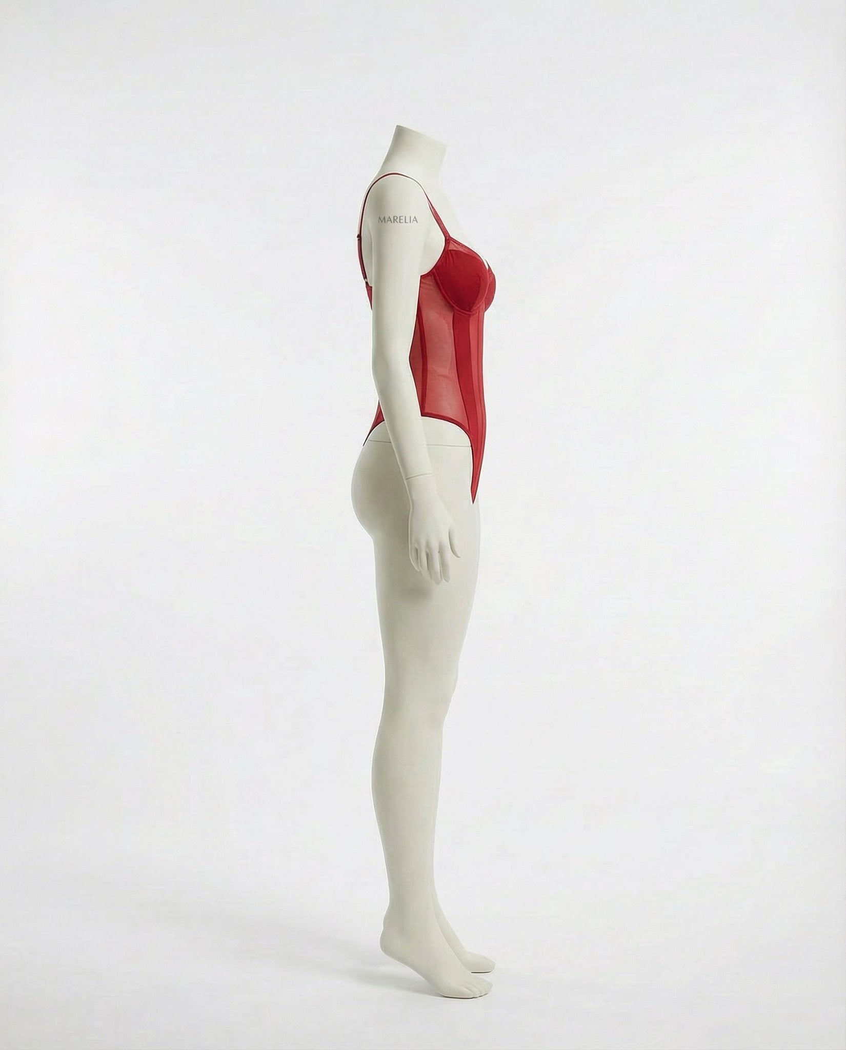 Red Sheer Mesh Seamed Underwire Bodysuit - MARELIA