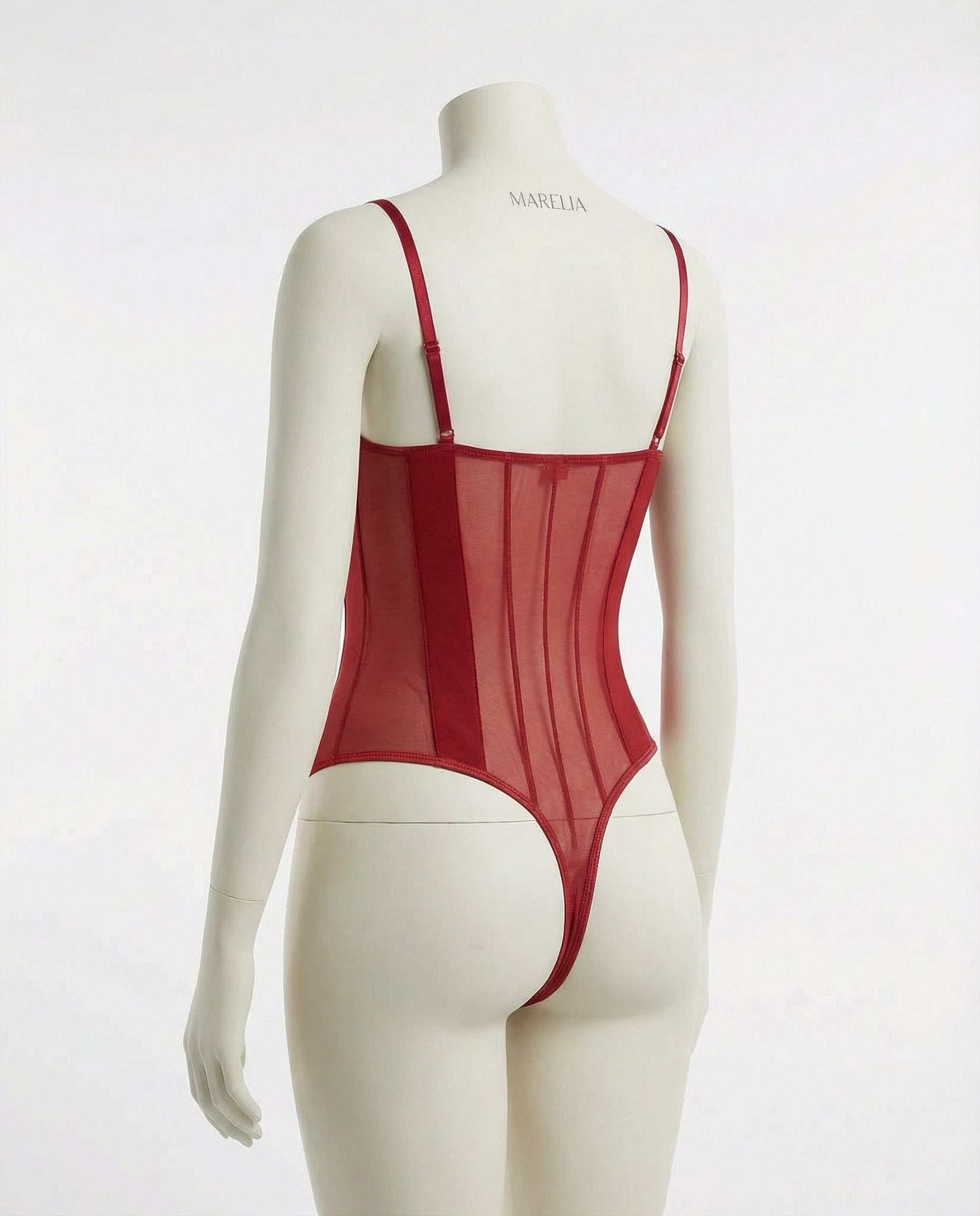 Red Sheer Mesh Seamed Underwire Bodysuit - MARELIA