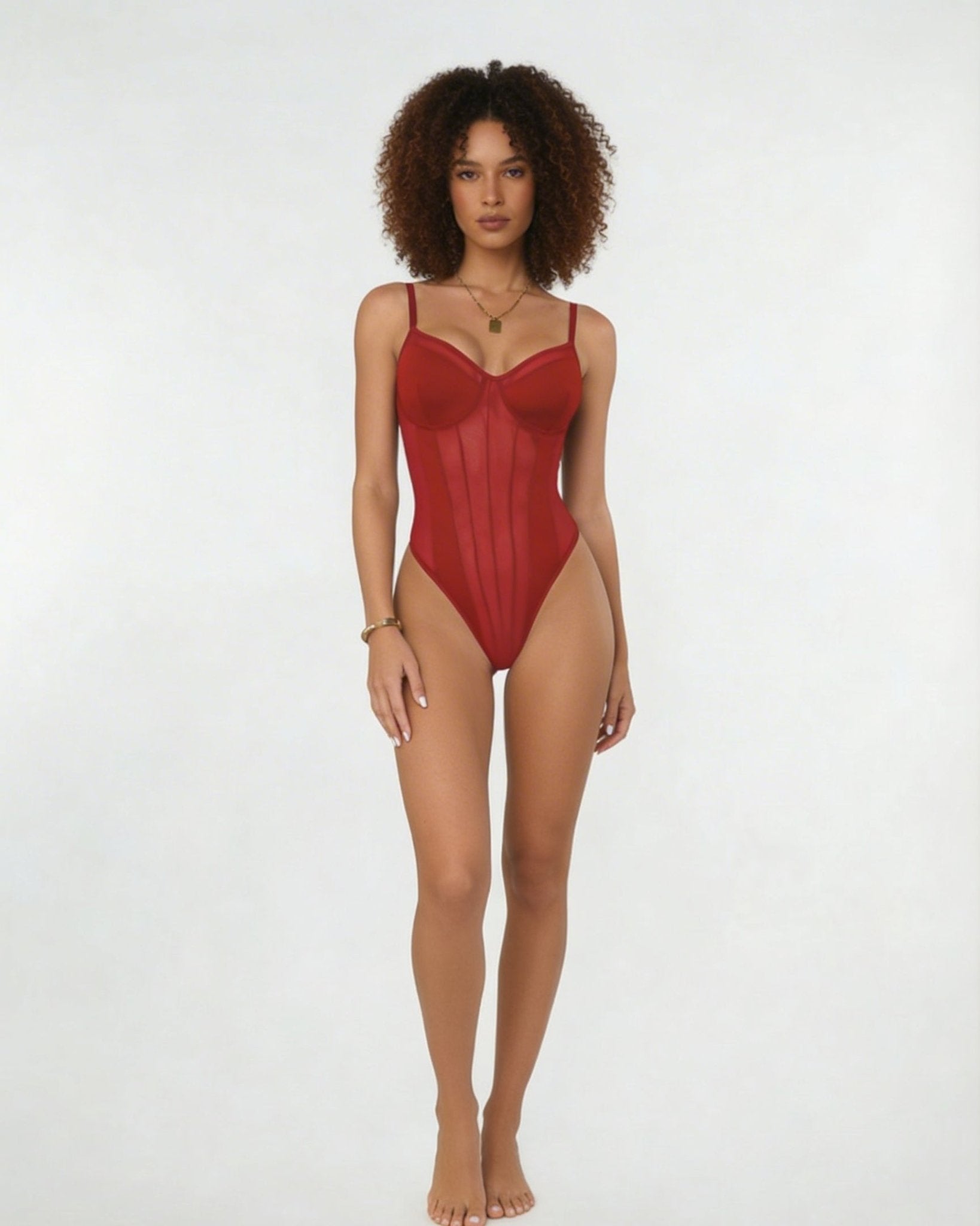 Red Sheer Mesh Seamed Underwire Bodysuit - MARELIA