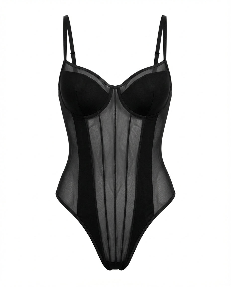 Black Sheer Mesh Seamed Underwire Bodysuit - MARELIA