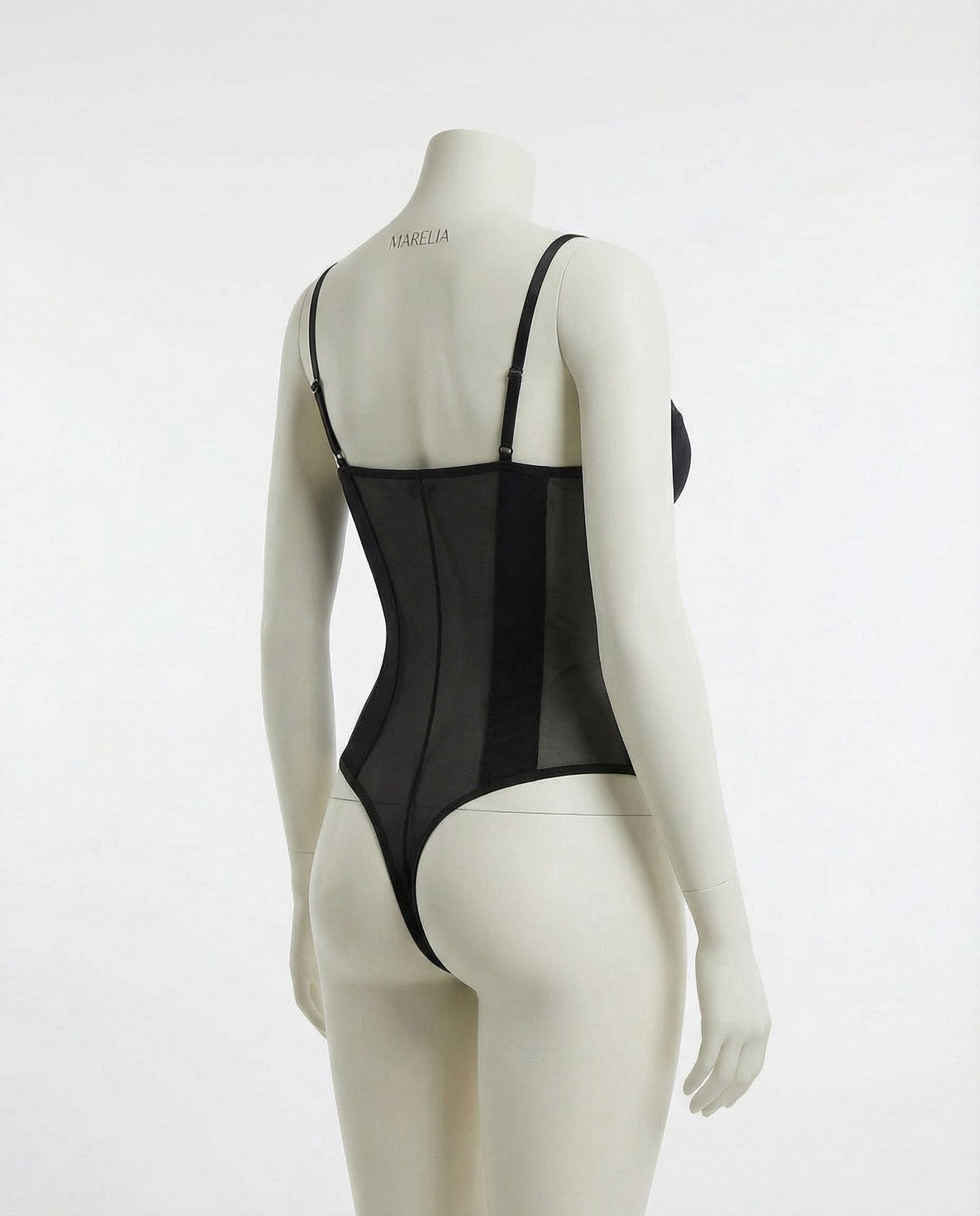 Black Sheer Mesh Seamed Underwire Bodysuit - MARELIA
