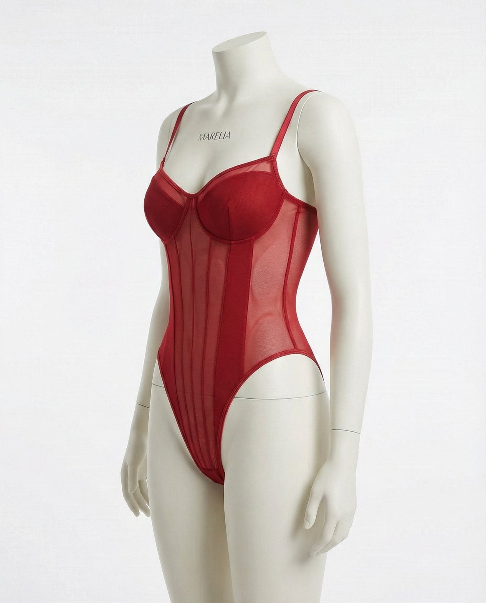 Red Sheer Mesh Seamed Underwire Bodysuit - MARELIA