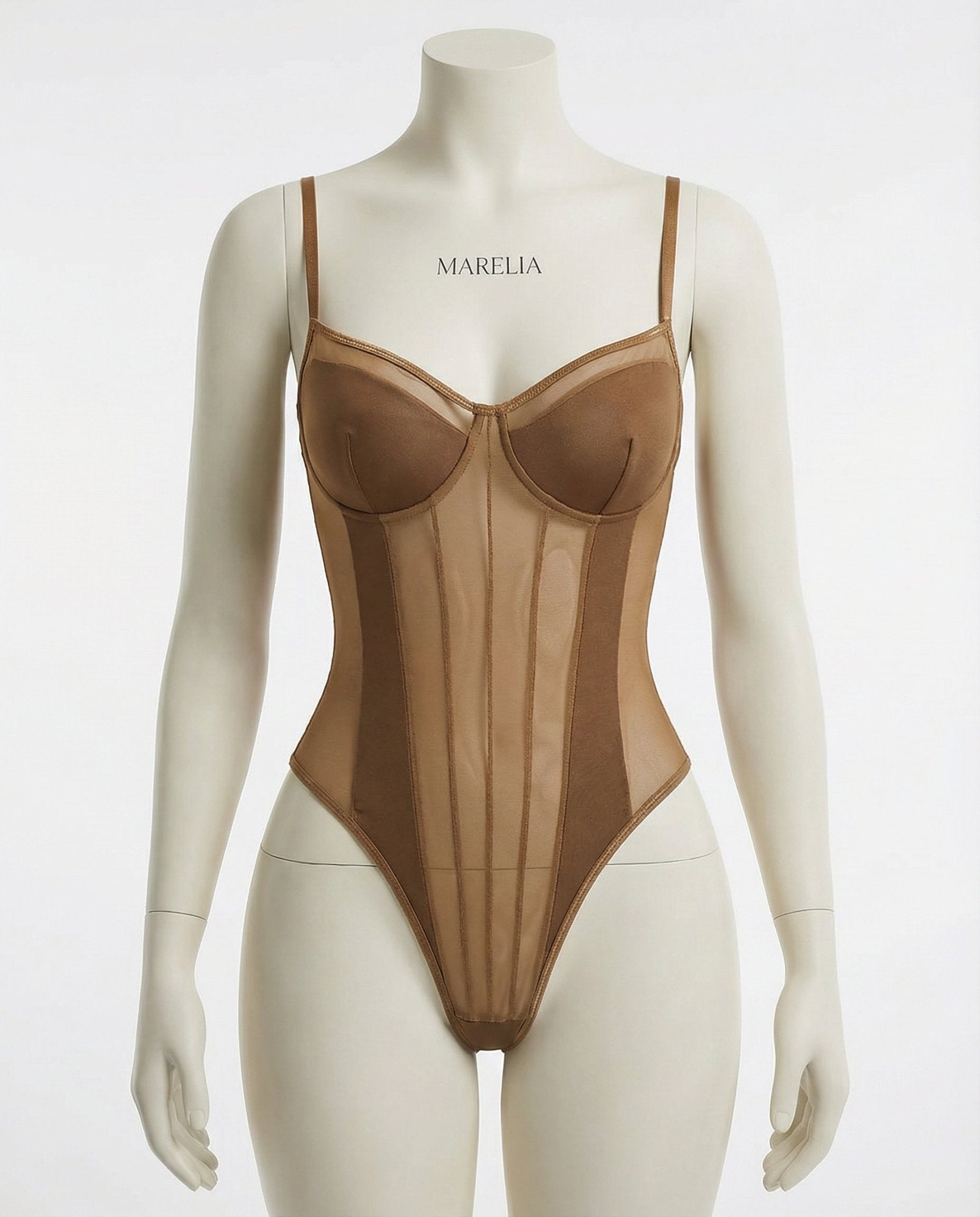 Brown Sheer Mesh Seamed Underwire Bodysuit - MARELIA