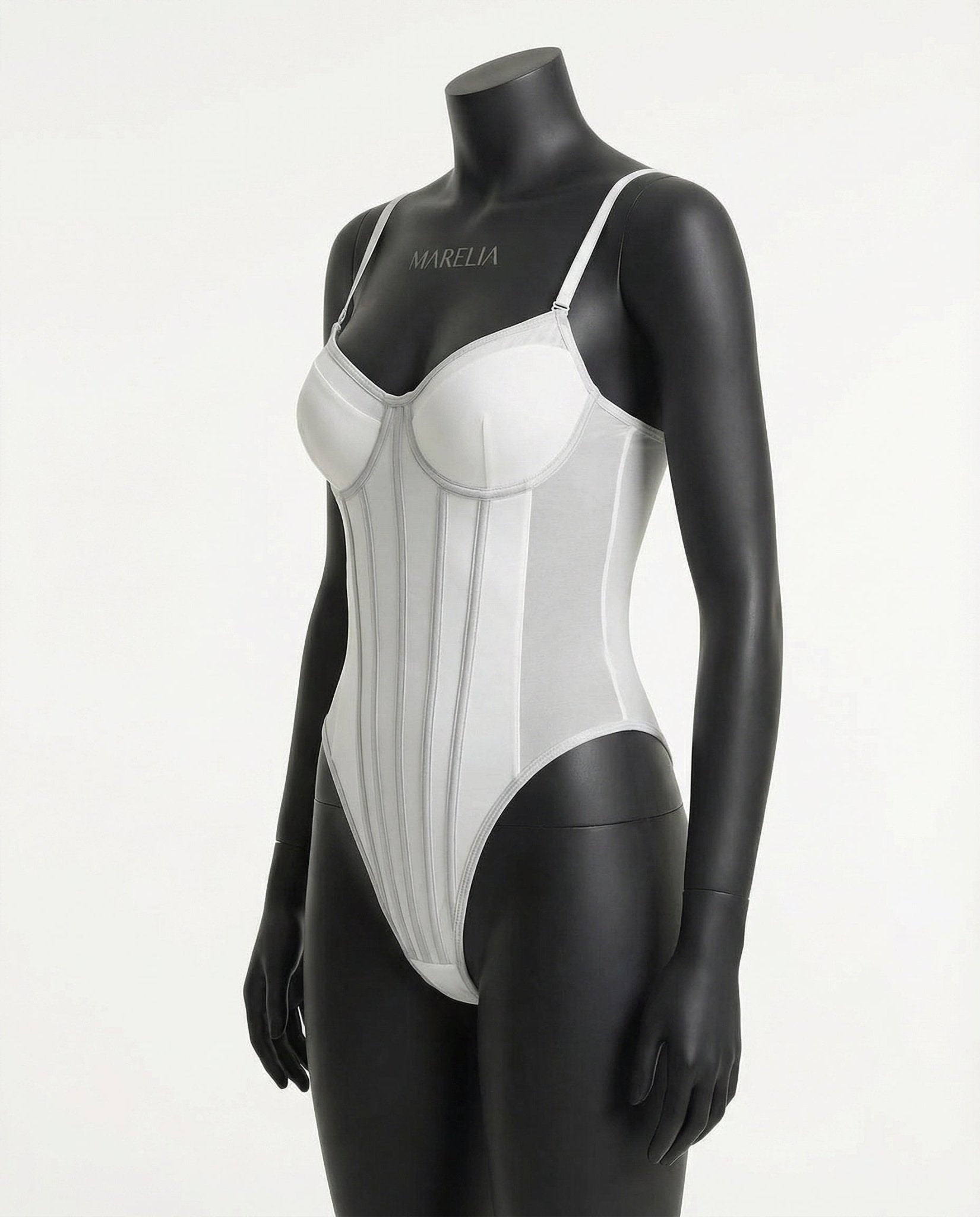 White Sheer Mesh Seamed Underwire Bodysuit - MARELIA