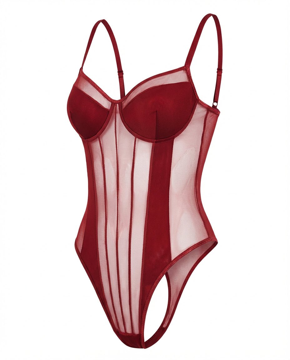 Red Sheer Mesh Seamed Underwire Bodysuit - MARELIA