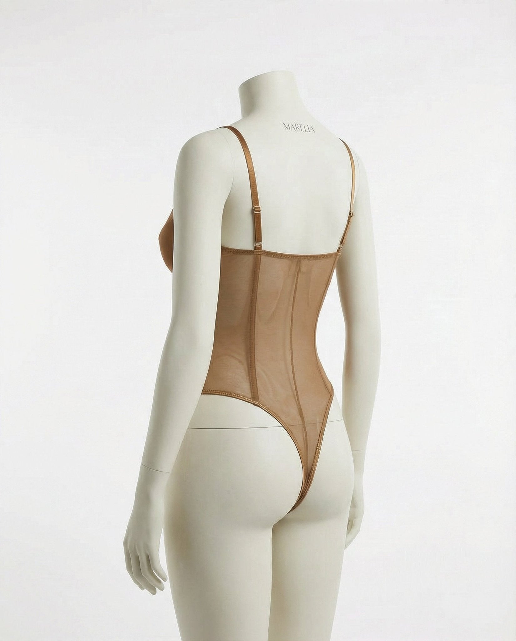Brown Sheer Mesh Seamed Underwire Bodysuit - MARELIA