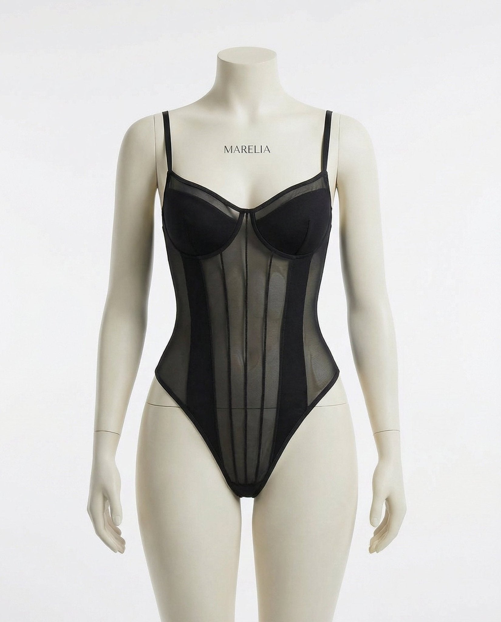 Black Sheer Mesh Seamed Underwire Bodysuit - MARELIA