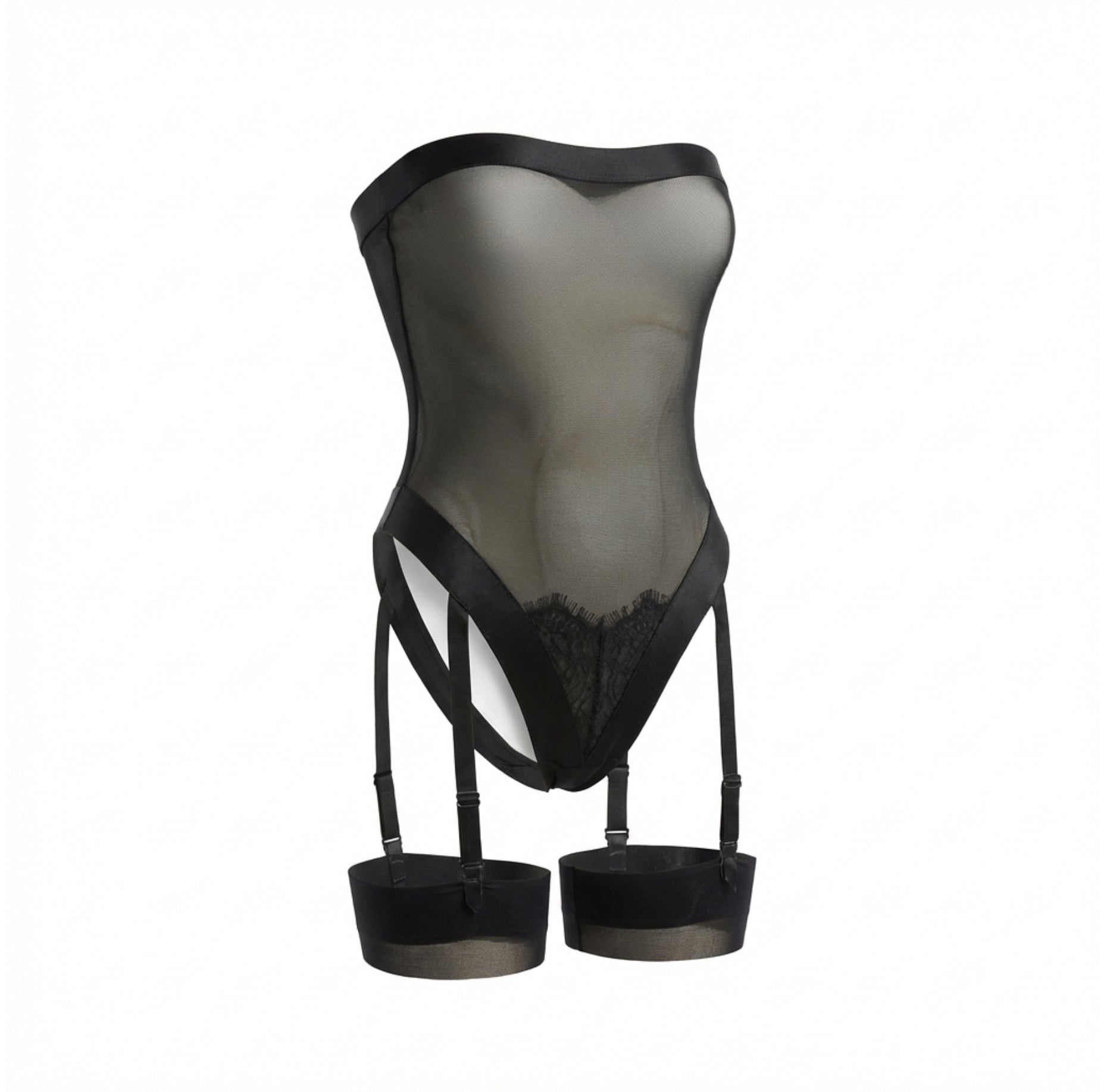 Black Sheer Mesh Strapless Teddy With Garter Straps - Marelia