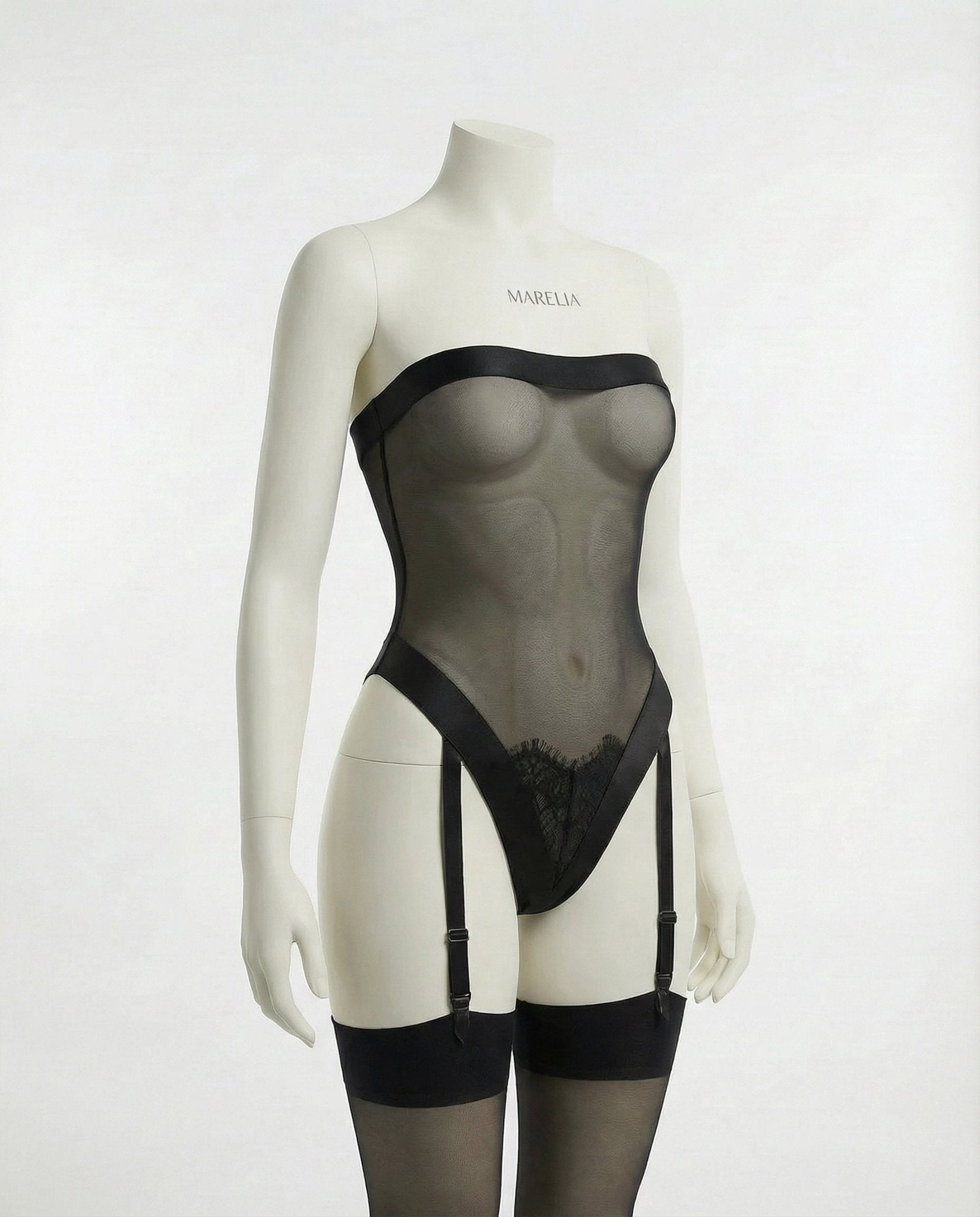 Black Sheer Mesh Strapless Teddy With Garter Straps - Marelia