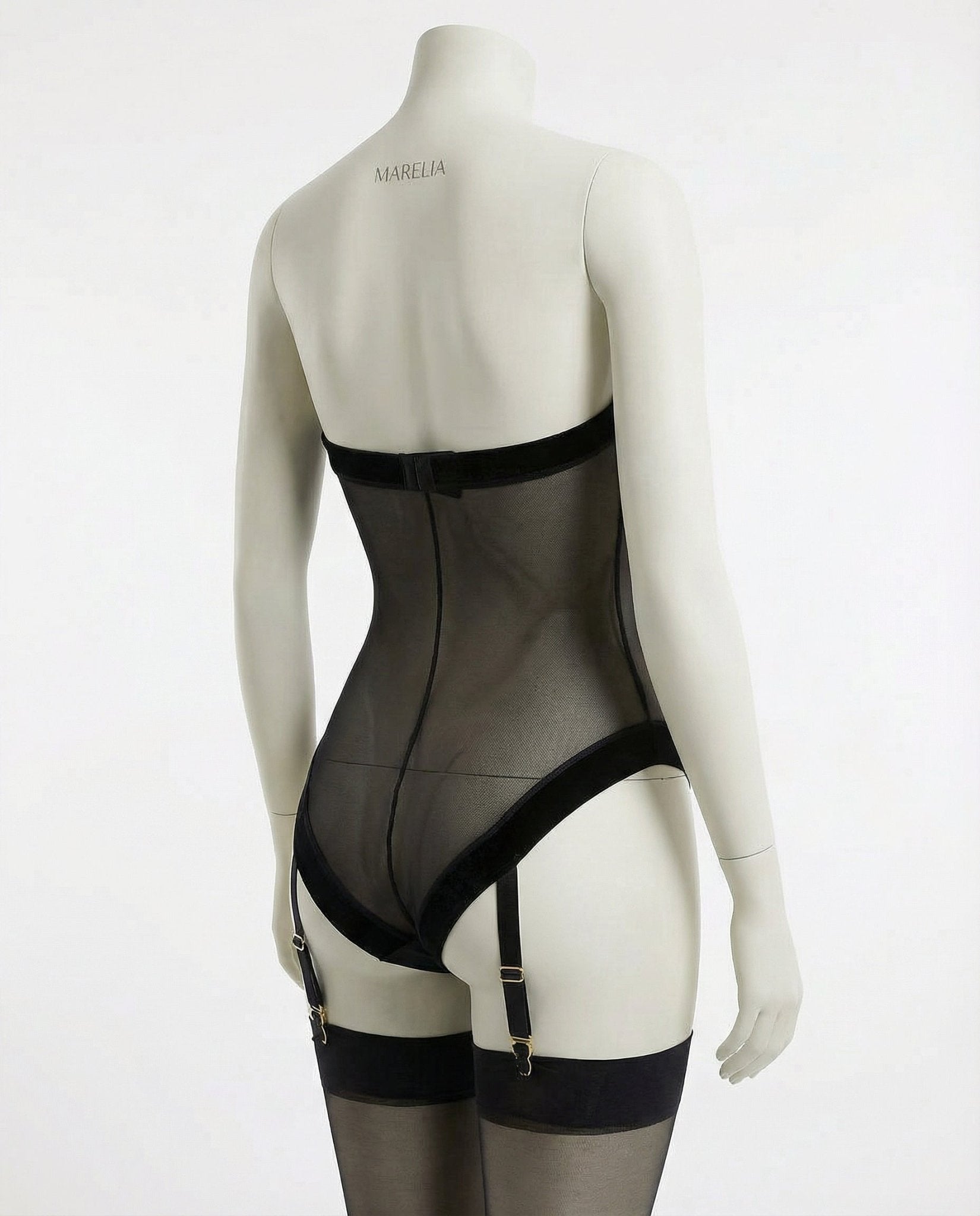 Black Sheer Mesh Strapless Teddy With Garter Straps - Marelia