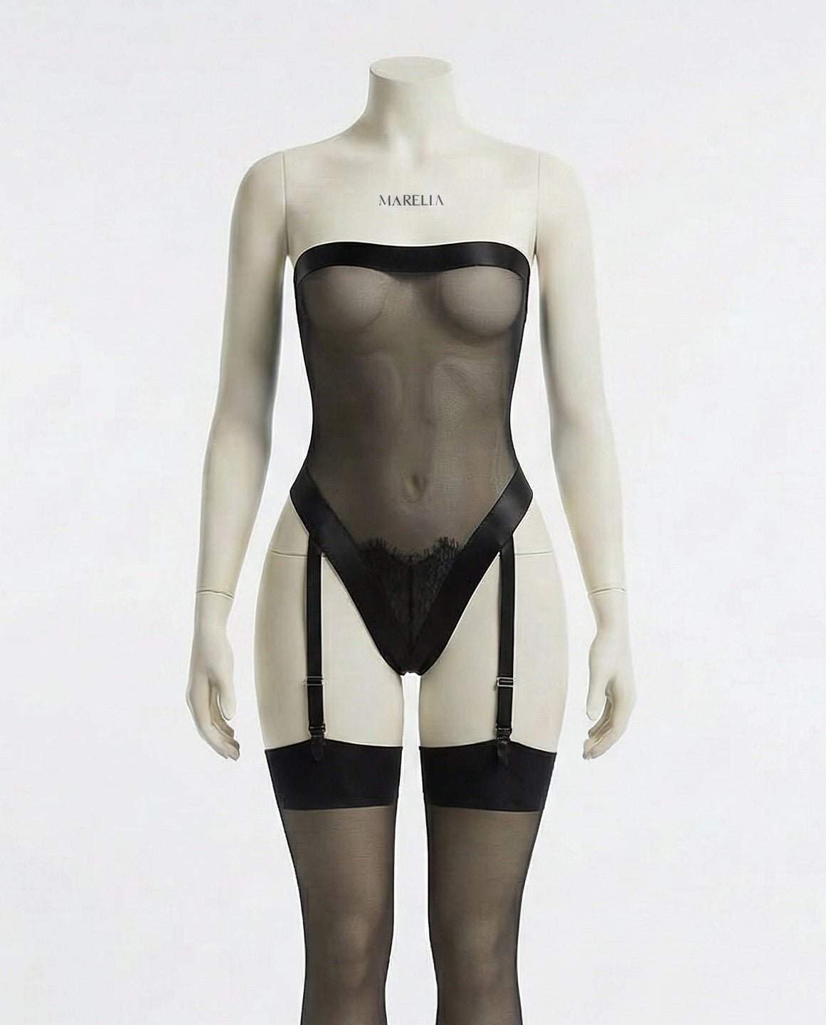 Black Sheer Mesh Strapless Teddy With Garter Straps - Marelia
