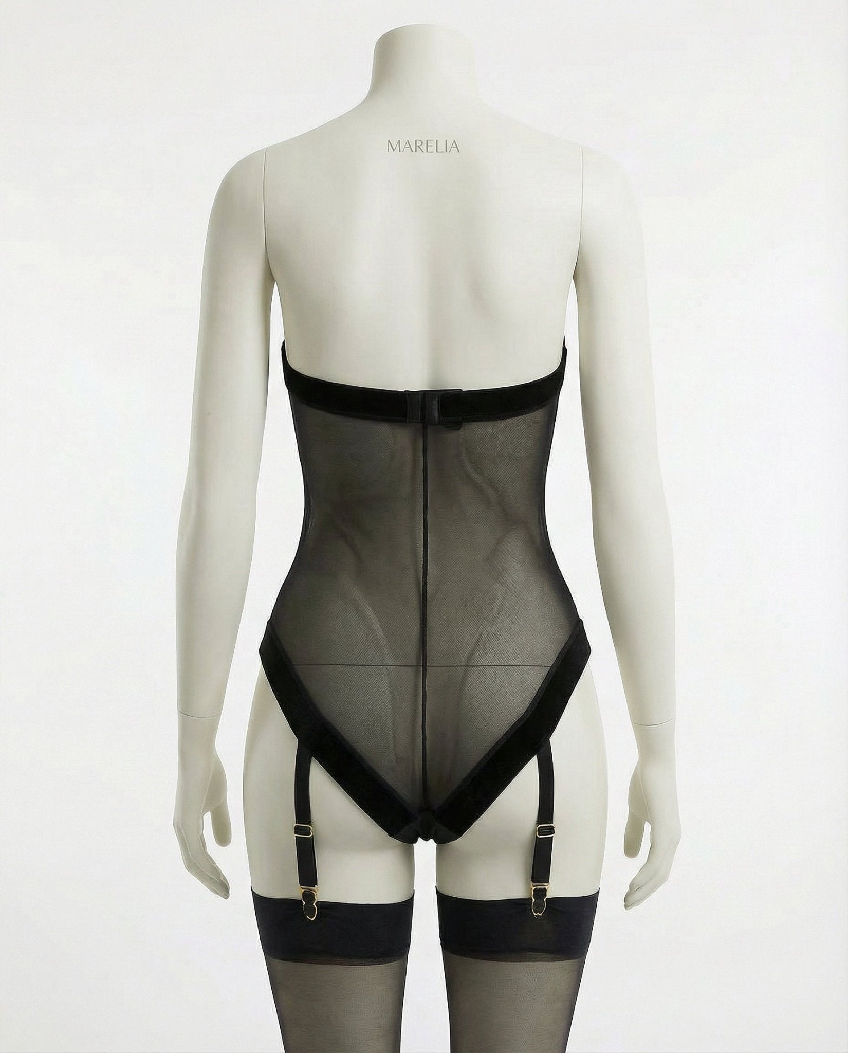 Black Sheer Mesh Strapless Teddy With Garter Straps - Marelia