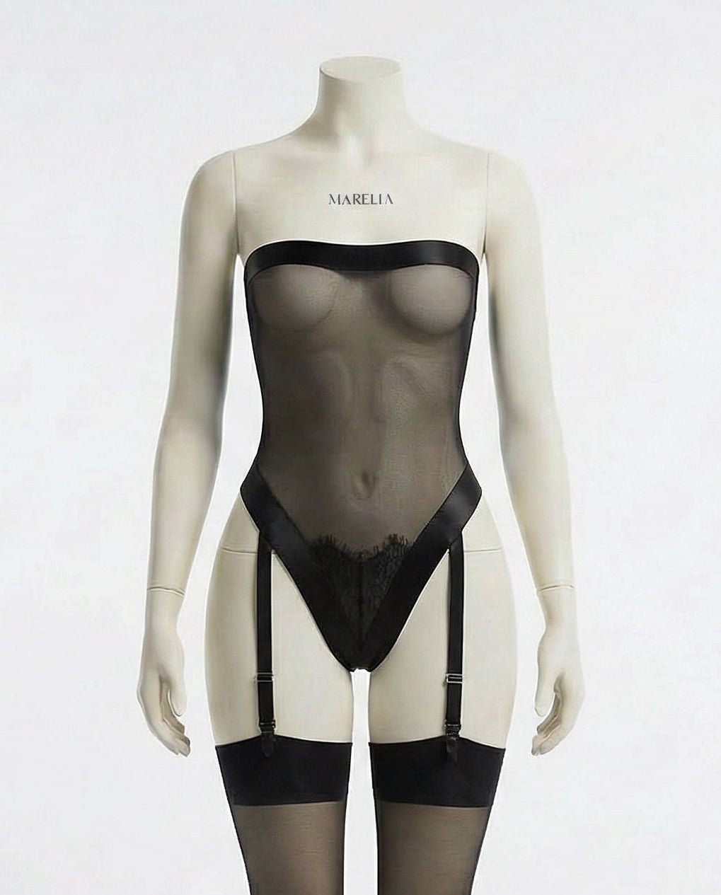 Black Sheer Mesh Strapless Teddy With Garter Straps - Marelia