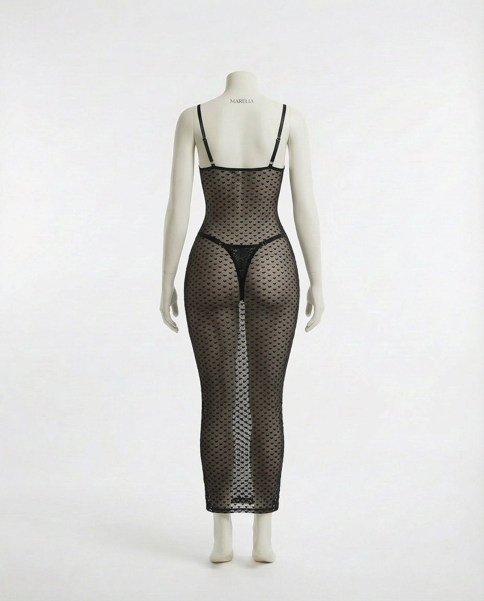 Black Sheer Mesh Underwire Maxi Dress With Thong - Marelia