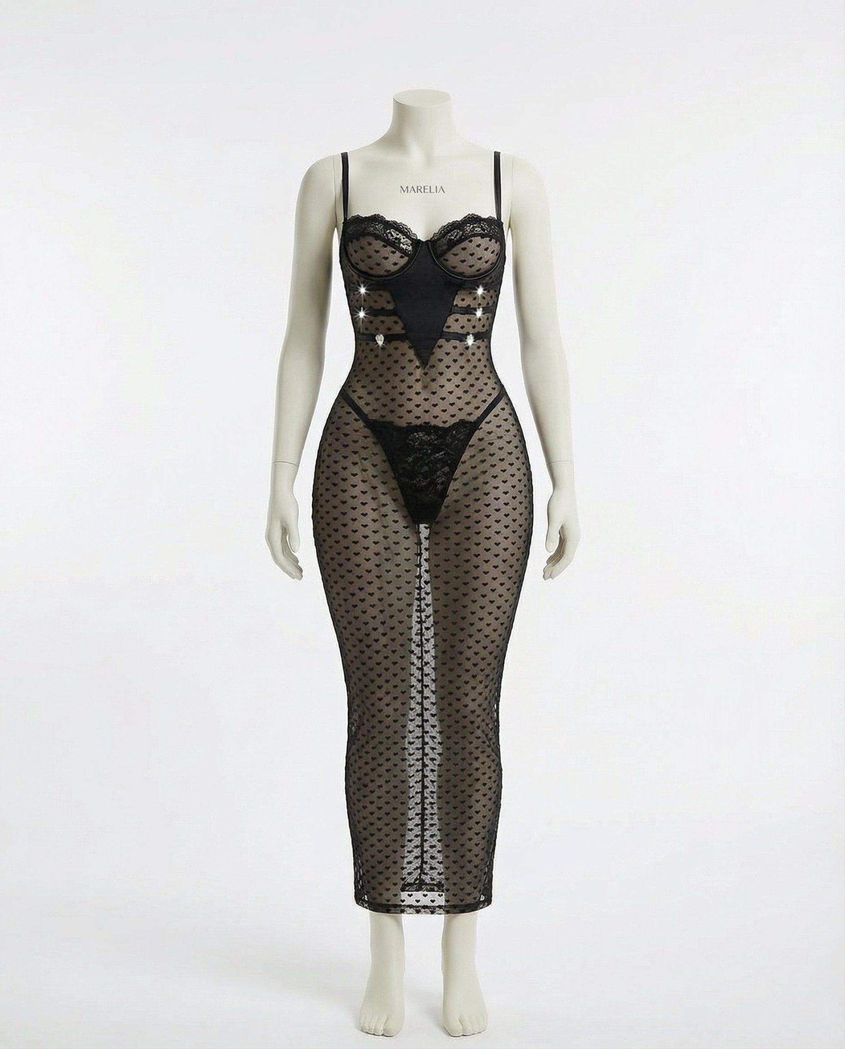 Black Sheer Mesh Underwire Maxi Dress With Thong - Marelia
