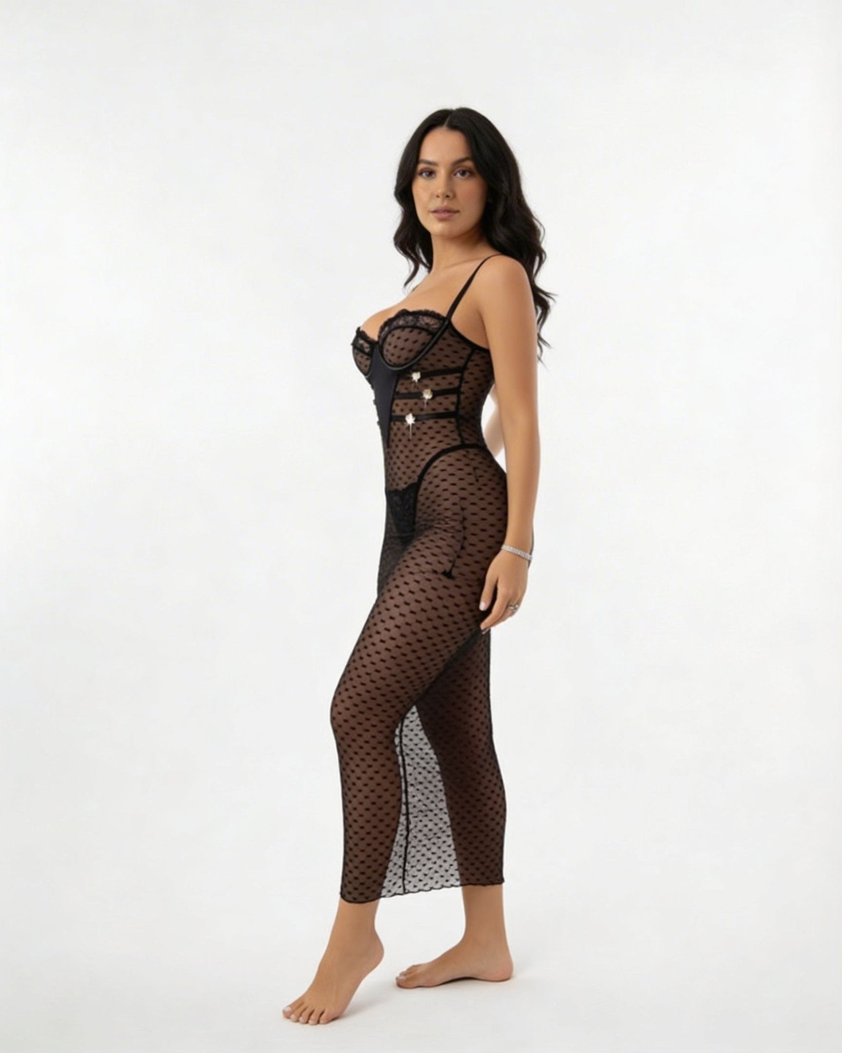 Black Sheer Mesh Underwire Maxi Dress With Thong - MARELIA