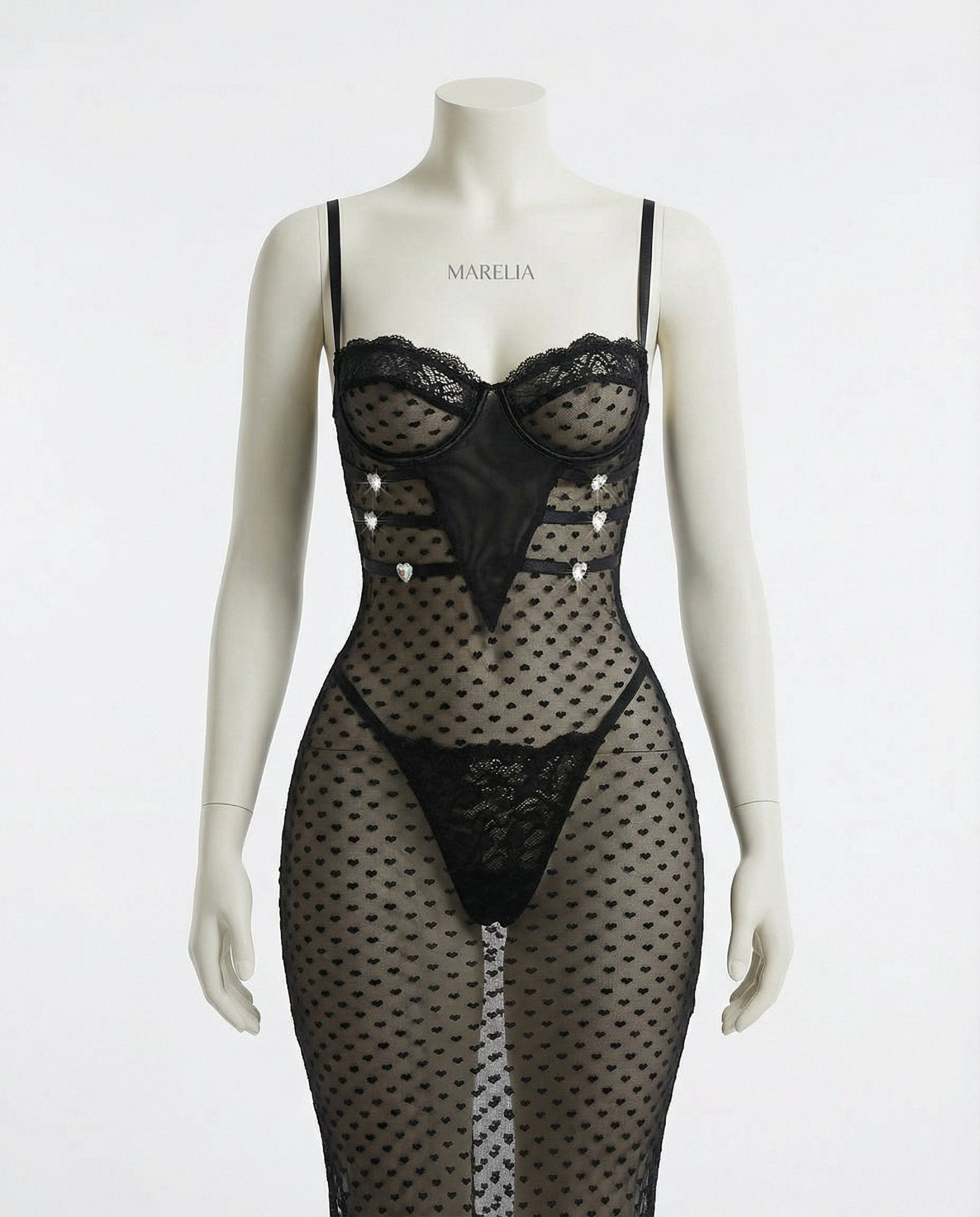 Black Sheer Mesh Underwire Maxi Dress With Thong - Marelia