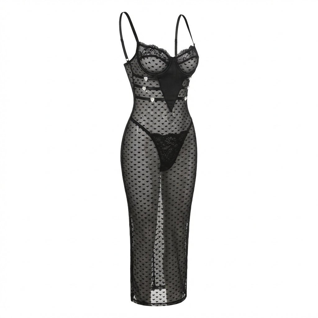Black Sheer Mesh Underwire Maxi Dress With Thong - Marelia