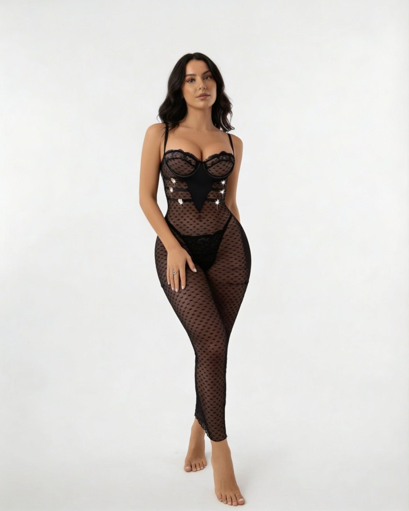 Black Sheer Mesh Underwire Maxi Dress With Thong - MARELIA